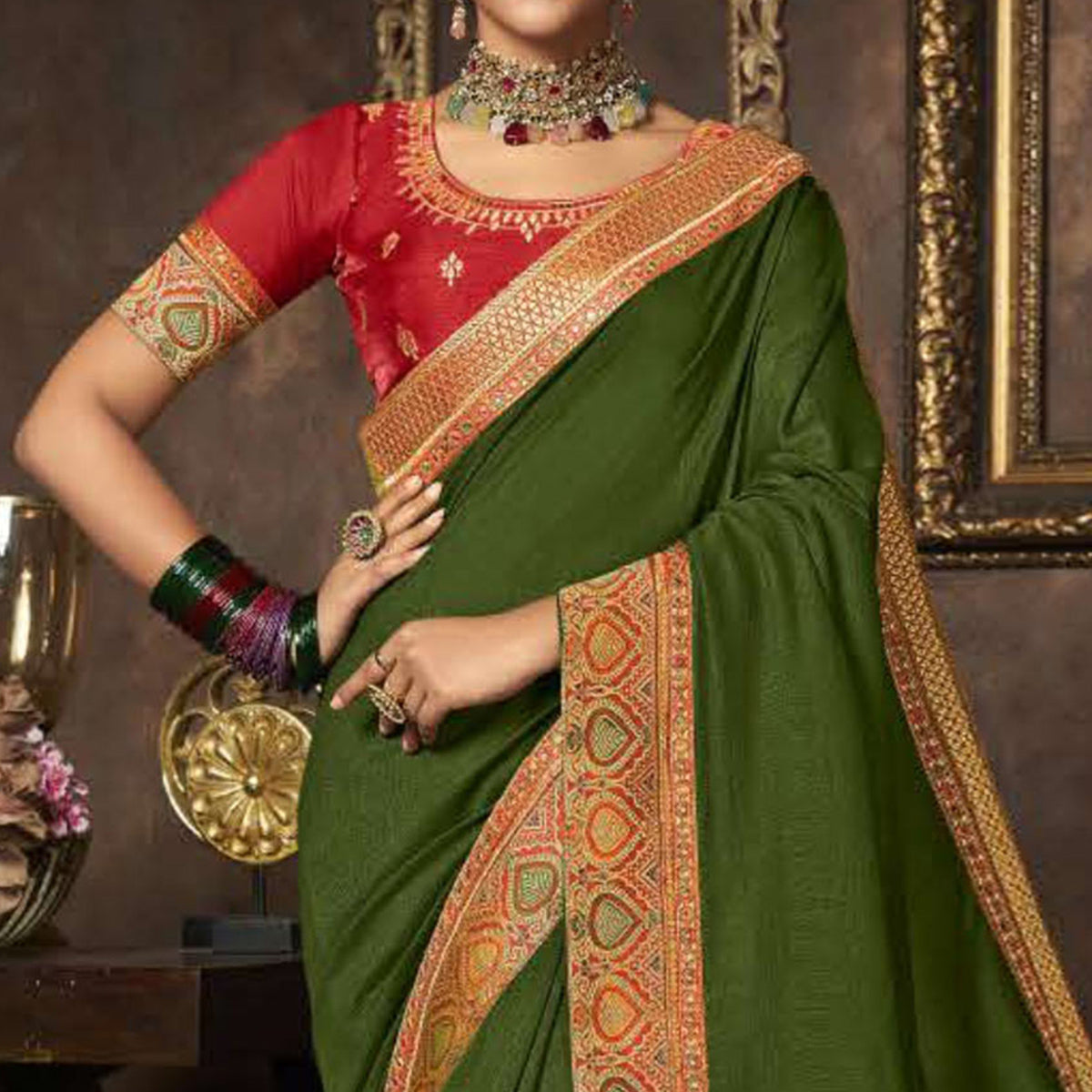 Olive Green Solid With Woven Border Vichitra Silk Saree