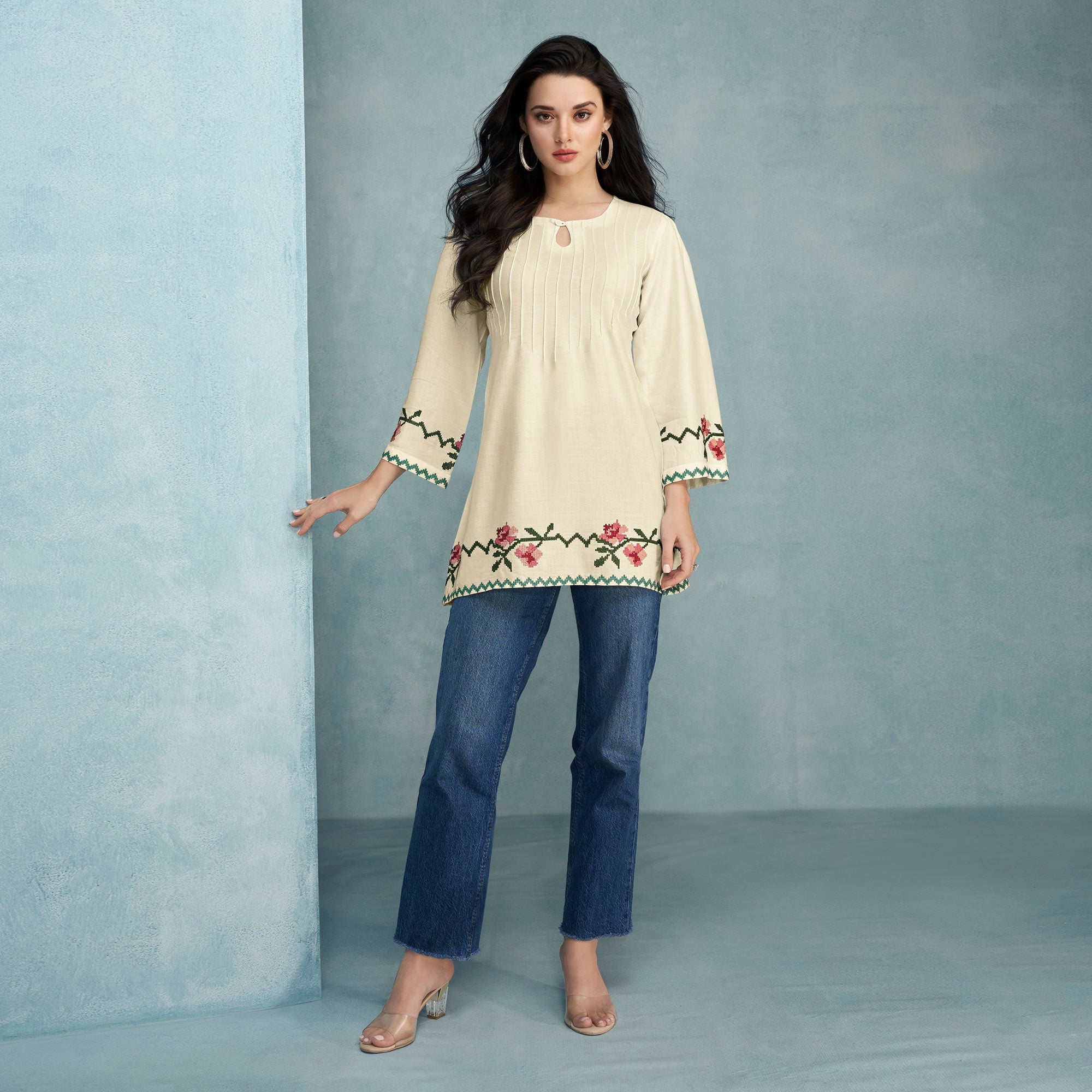 Cream Floral Embroidered Rayon Top