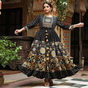 Black Floral Printed With Gota Patti Work Rayon Gown