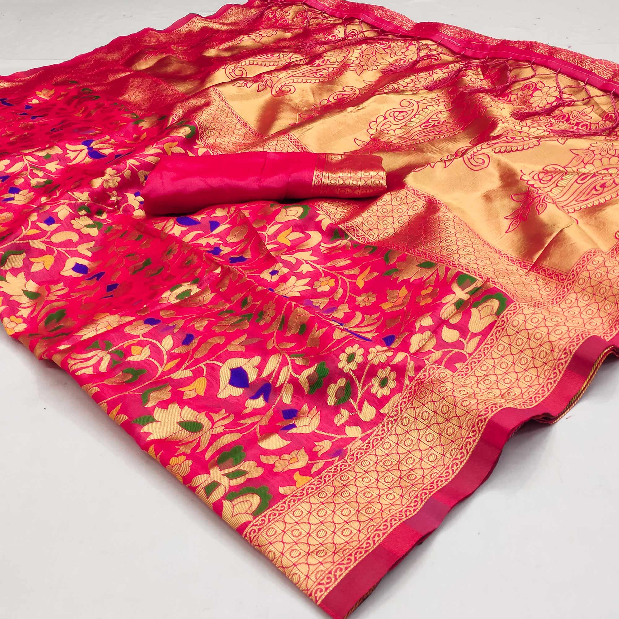 Pink Floral Woven Art Silk Saree