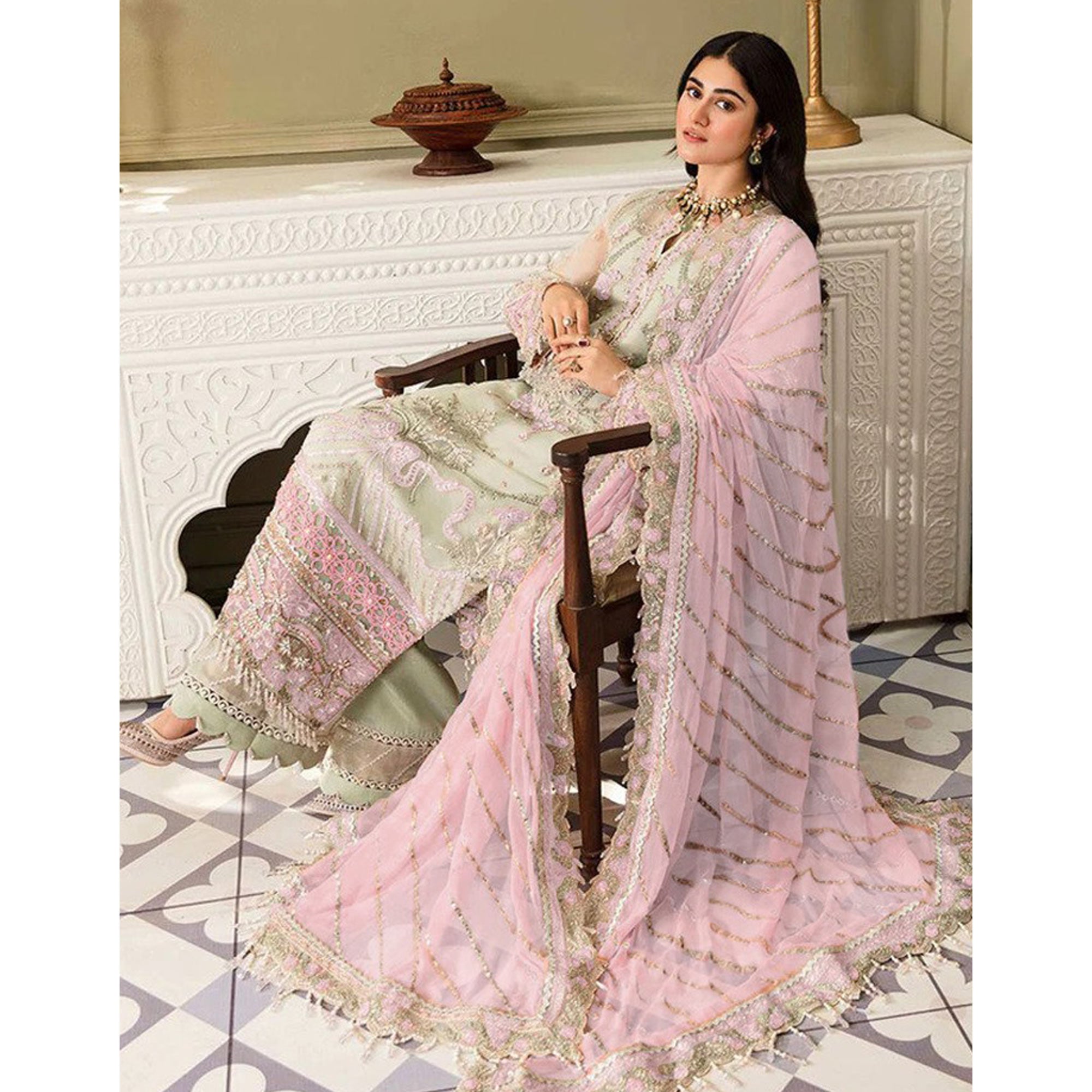 Pista Green And Pink Heavy Embroidered Georgette Pakistani Suit
