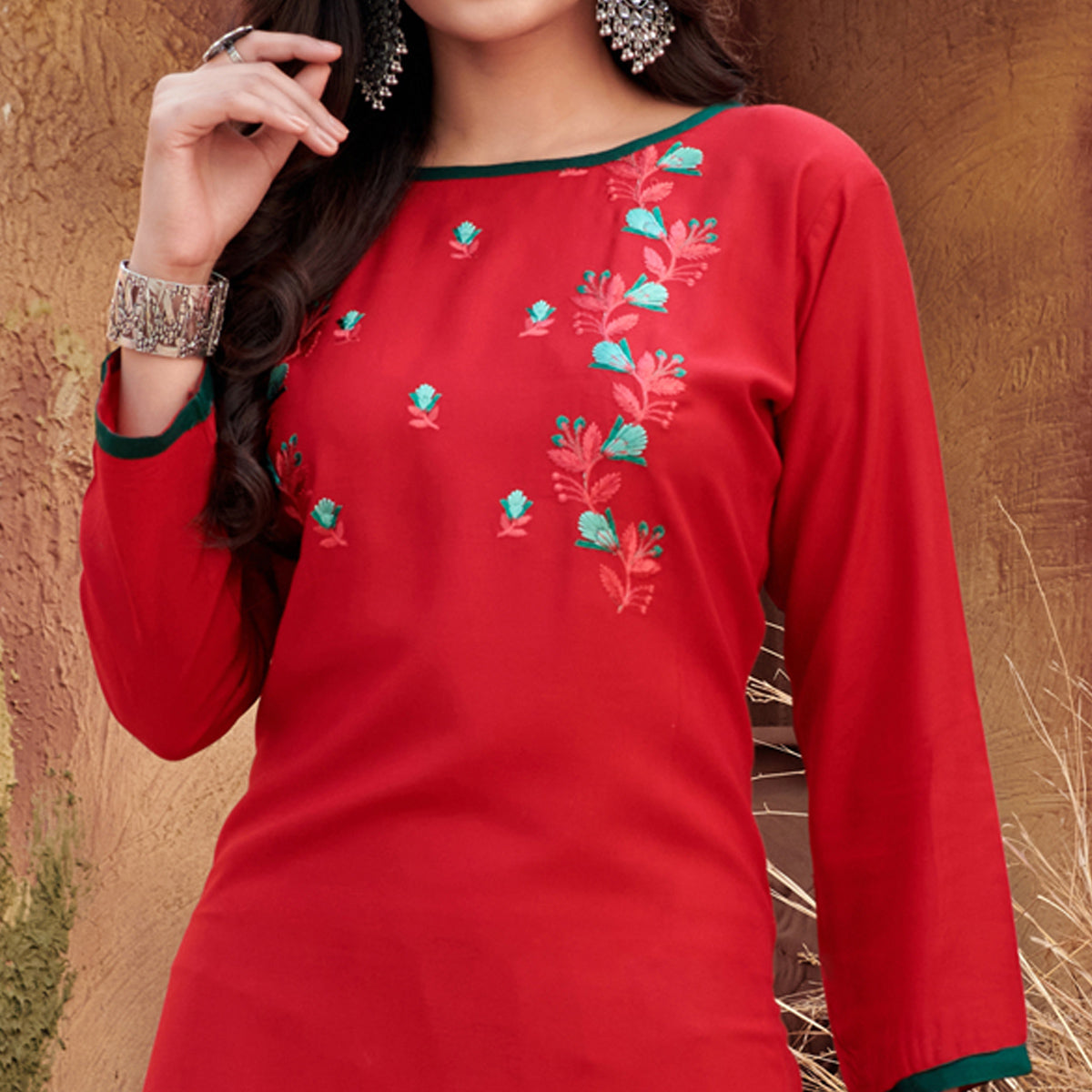 Red Floral Embroidered Rayon Kurti