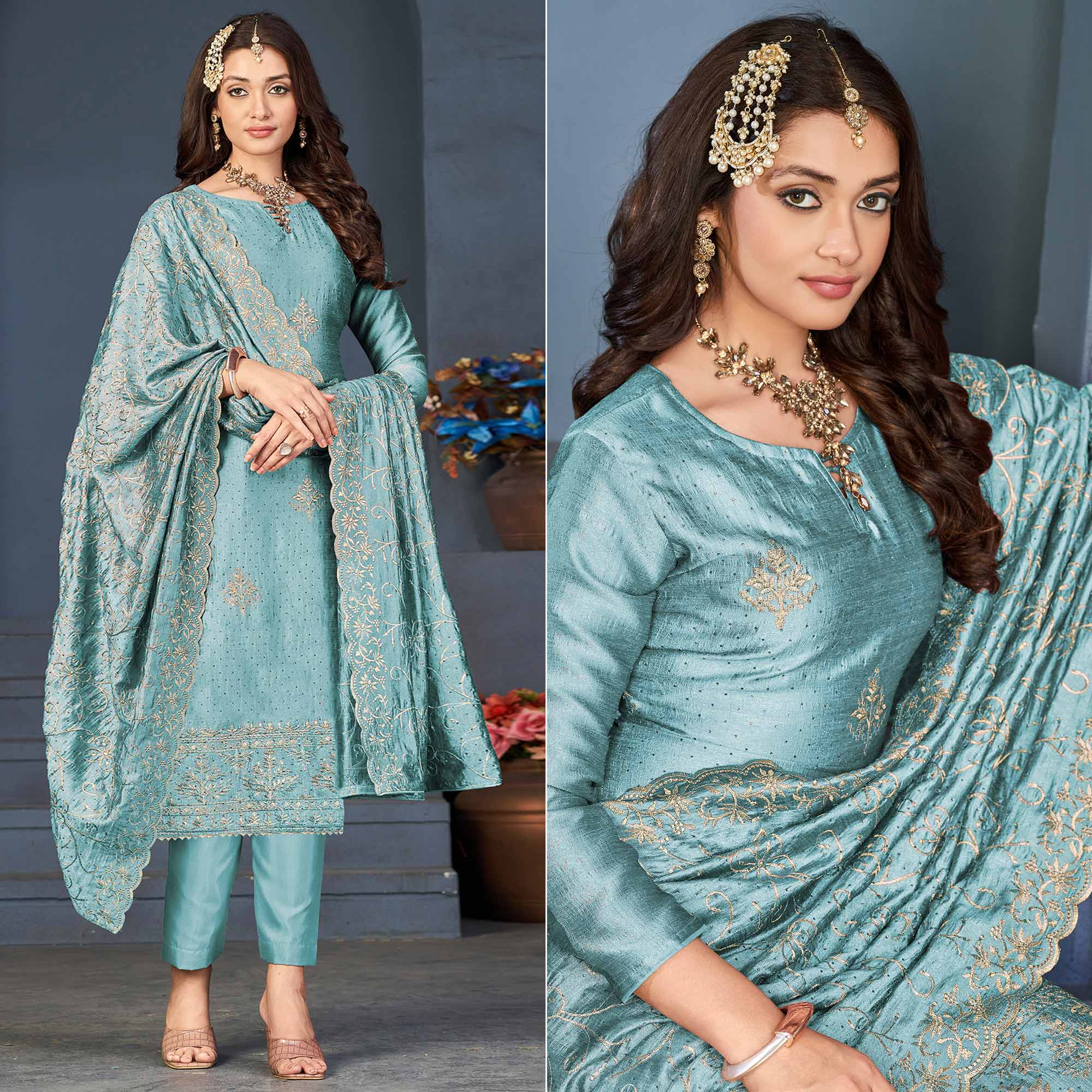 Sky Blue Sequins Embroidered Vichitra Silk Suit