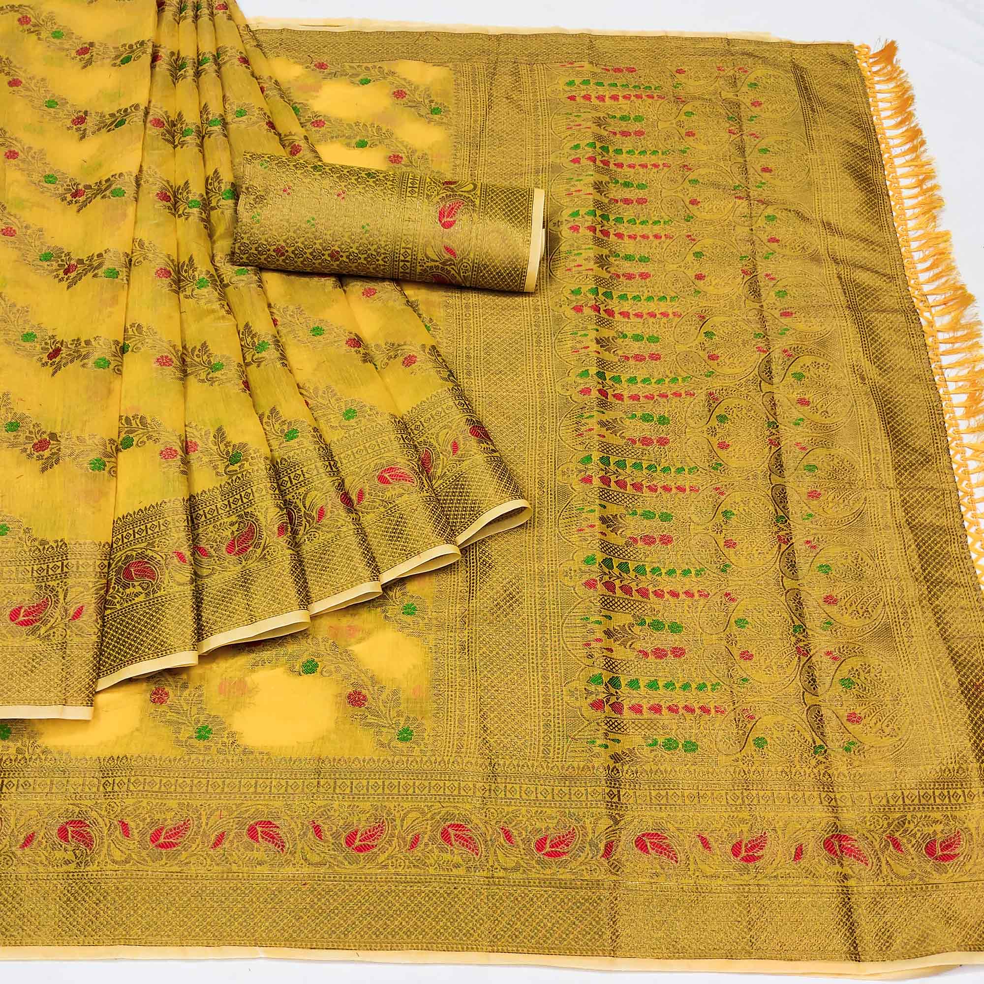 Yellow Woven Cotton Blend Saree With Tassels