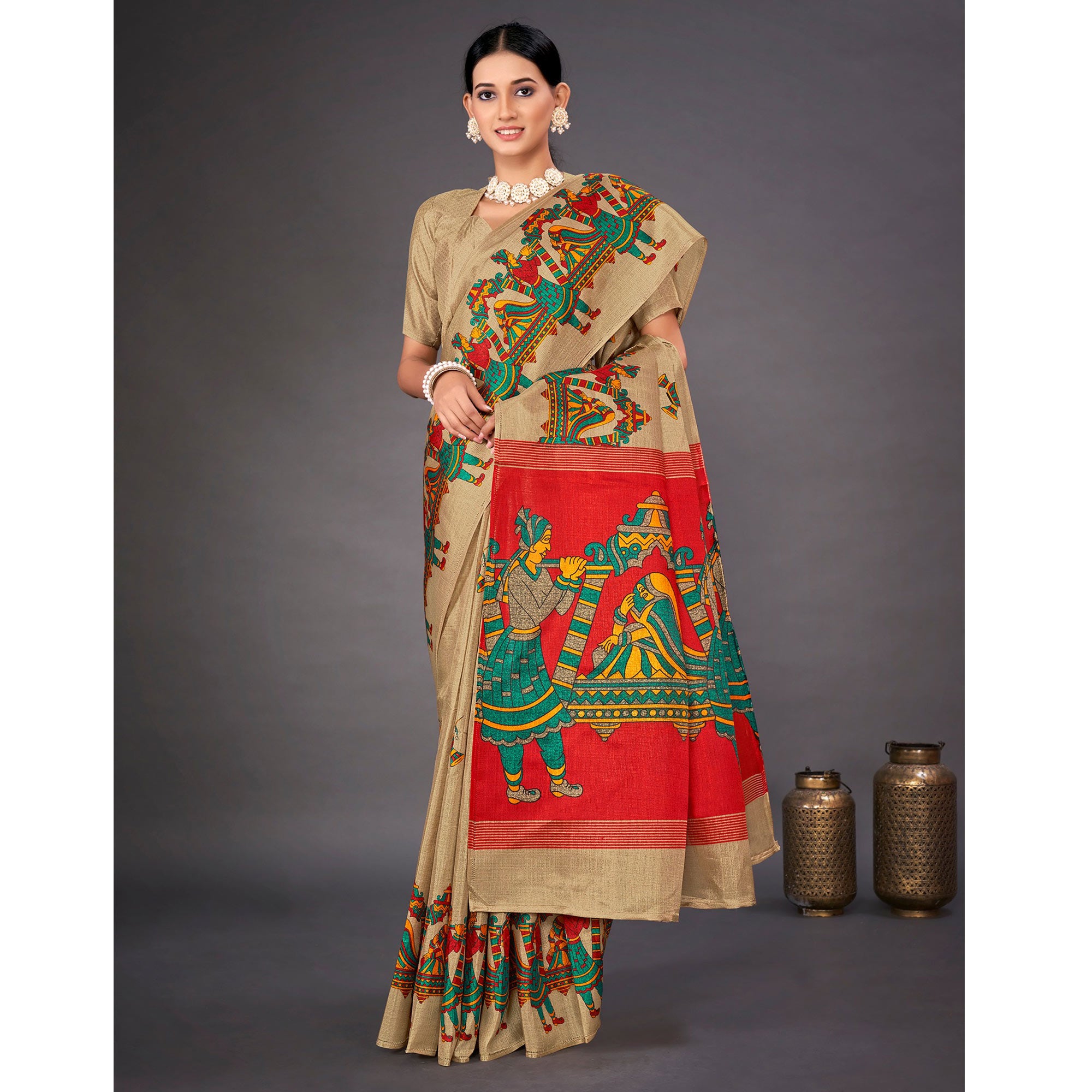 Beige Printed Bhagalpuri Silk Saree