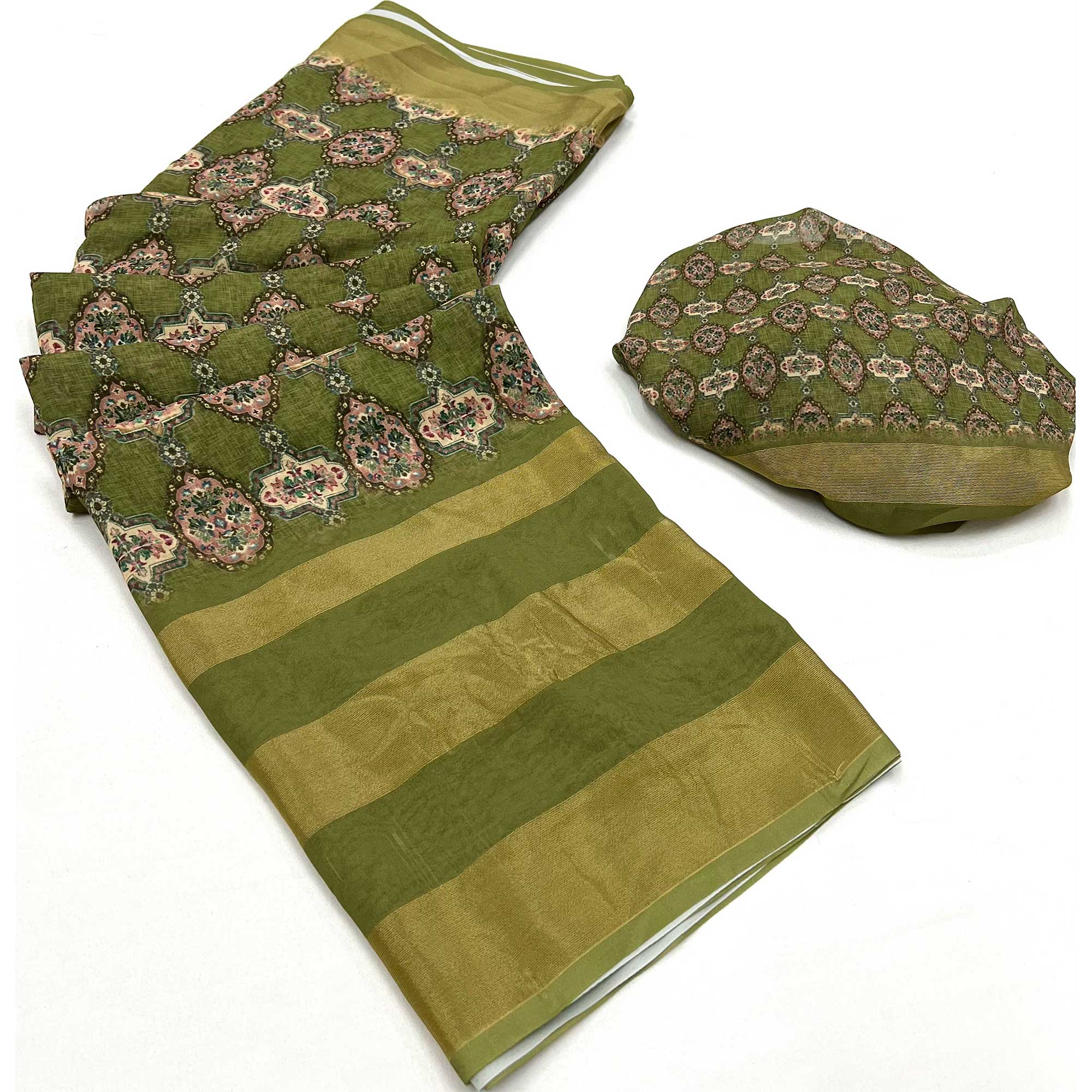 Green Digital Floral Printed Viscose Saree