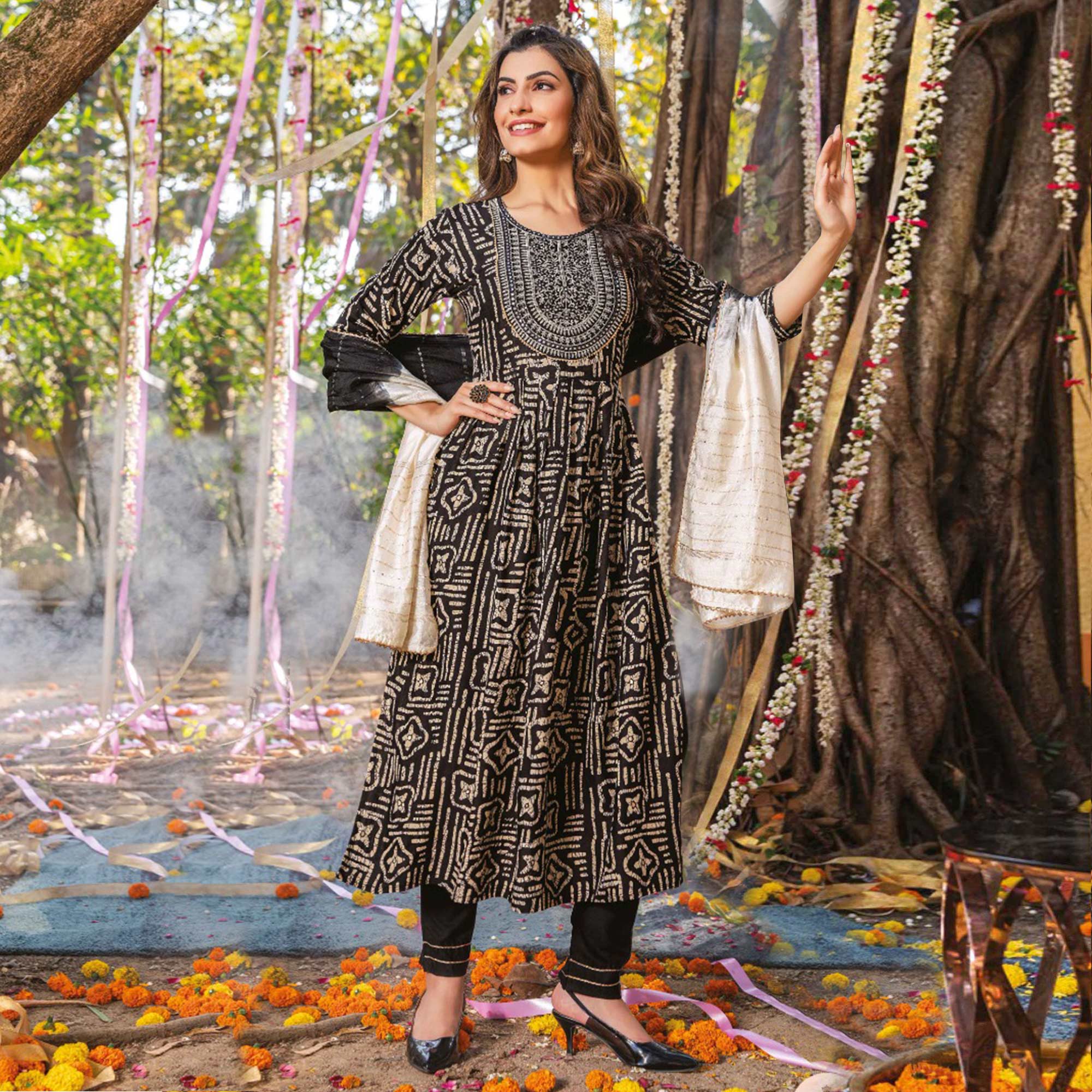 Black Printed Rayon Naira Cut Suit