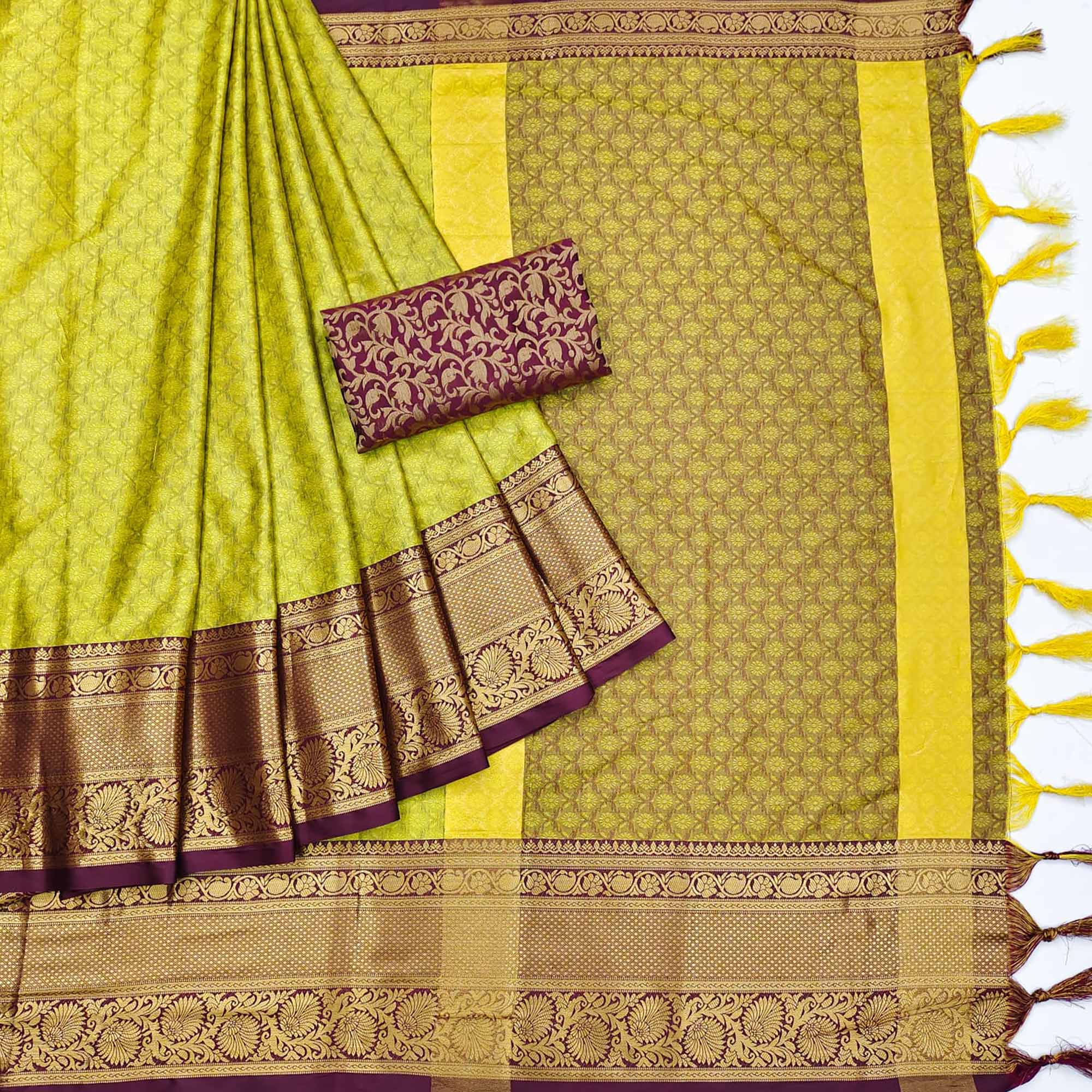 Lemon Green Printed And Woven Cotton Silk Saree With Tassels