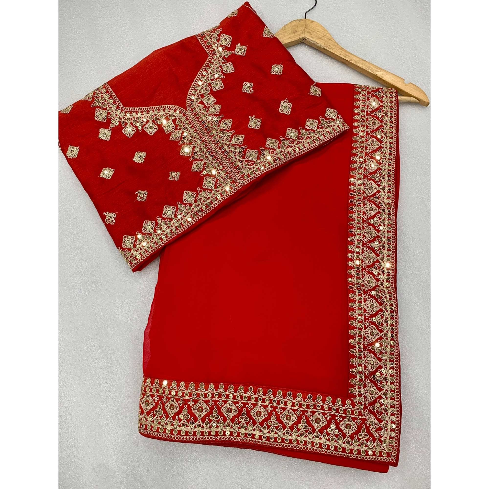 Red Sequins Embroidered Georgette Saree