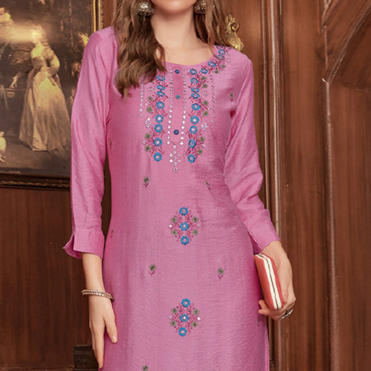 Pink Floral Embroidered Rayon Kurti