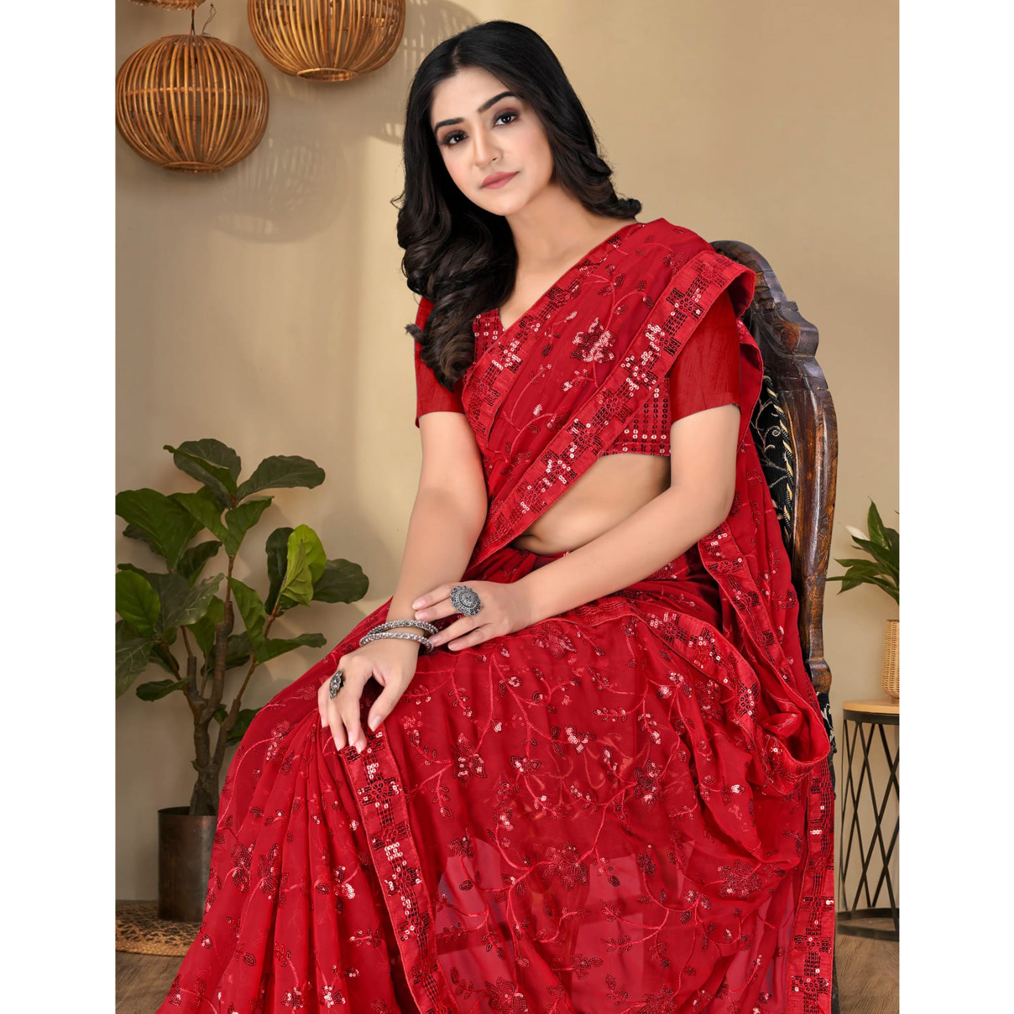 Red Sequins Embroidered Georgette Saree