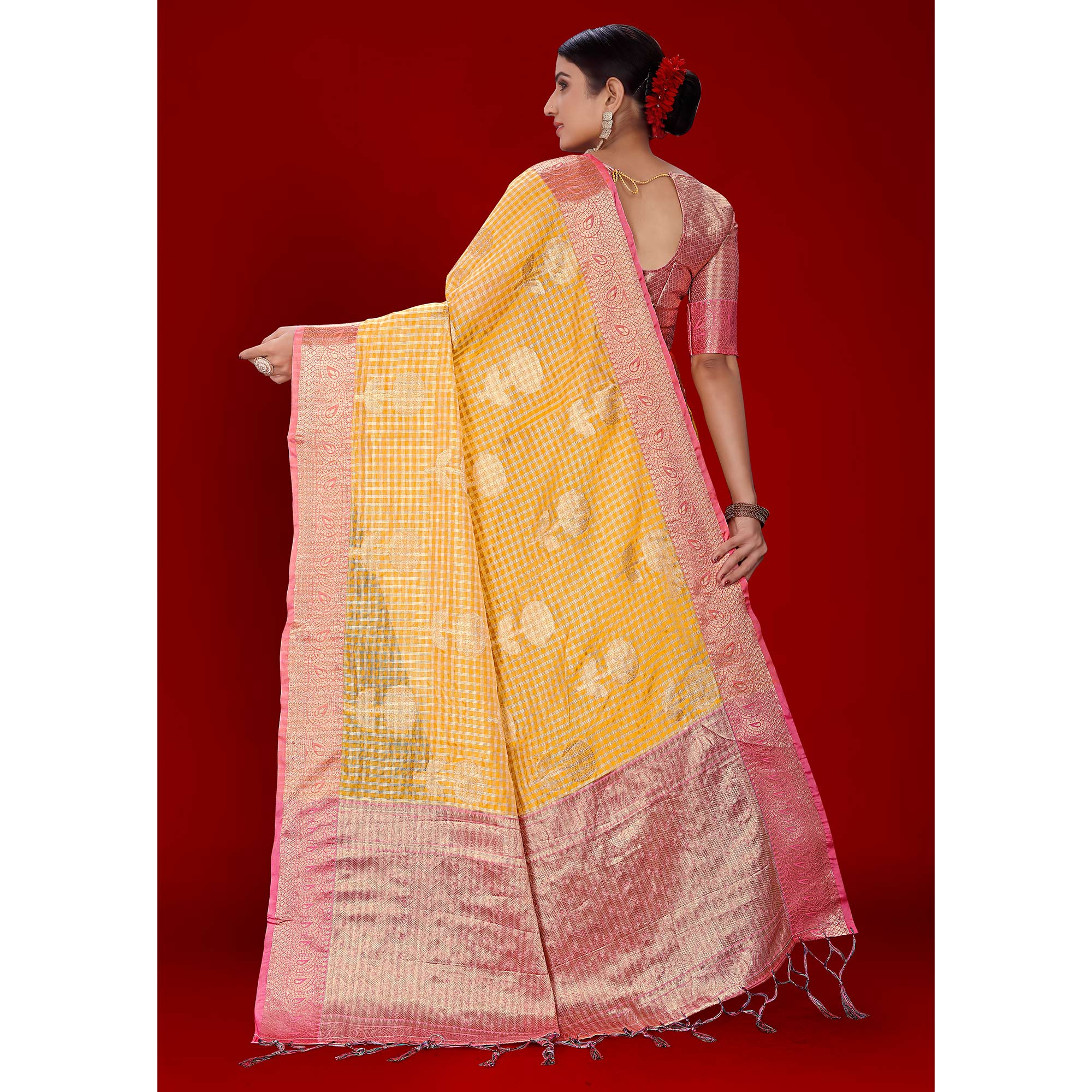 Mustard Floral Woven Organza Saree With Tassels