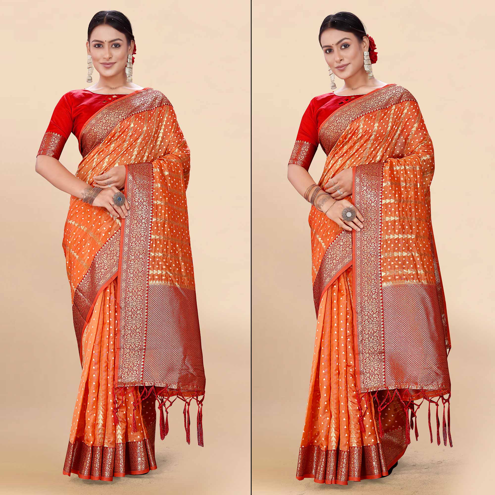 Orange Woven Organza Saree With Tassels