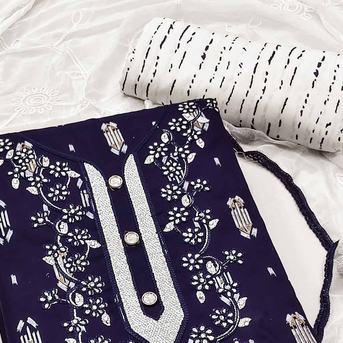 Navy Blue Printed With Embroidered Rayon Dress Material