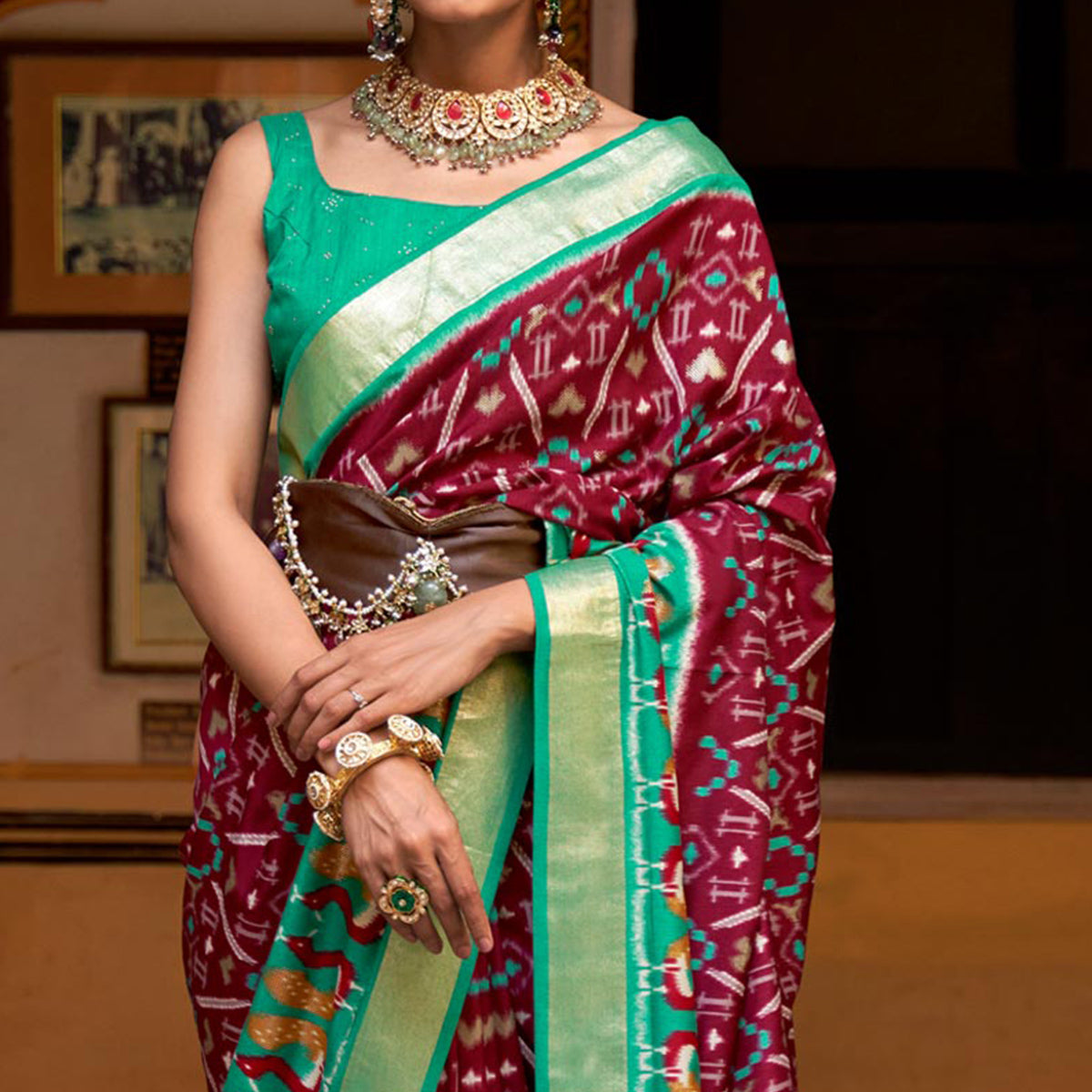 Maroon & Sea Green Printed Art Silk Saree