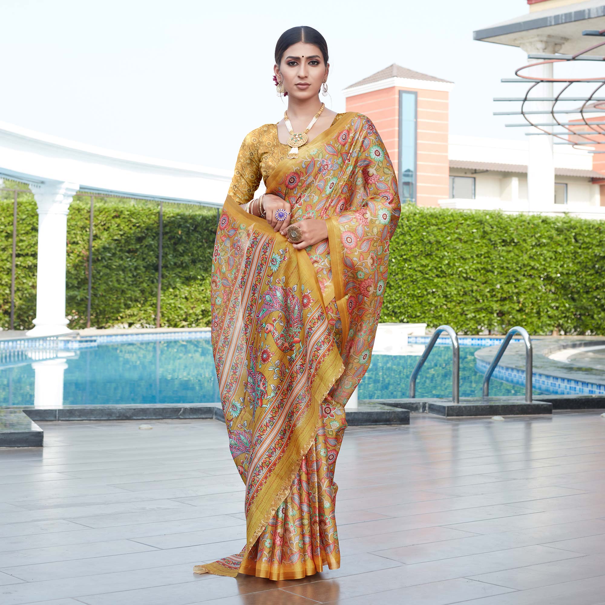 Mustard Floral Digital Printed Cotton Silk Saree