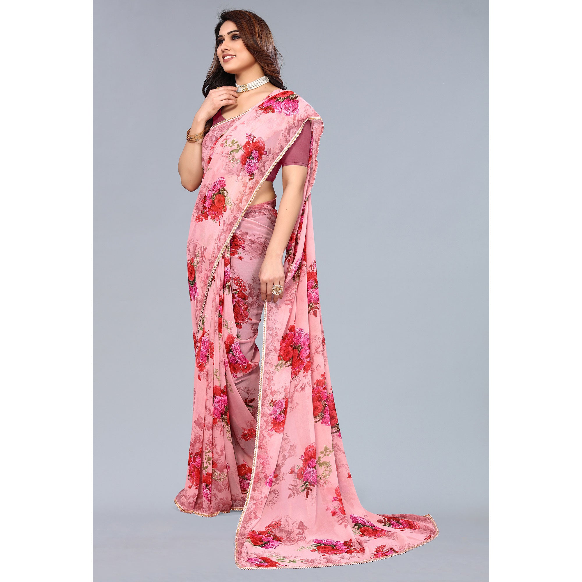 Pink Floral Printed Georgette Saree