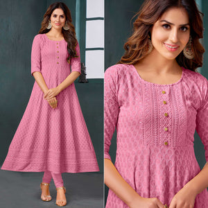 Pink Chikankari Work Aanarkali Style Rayon Kurti