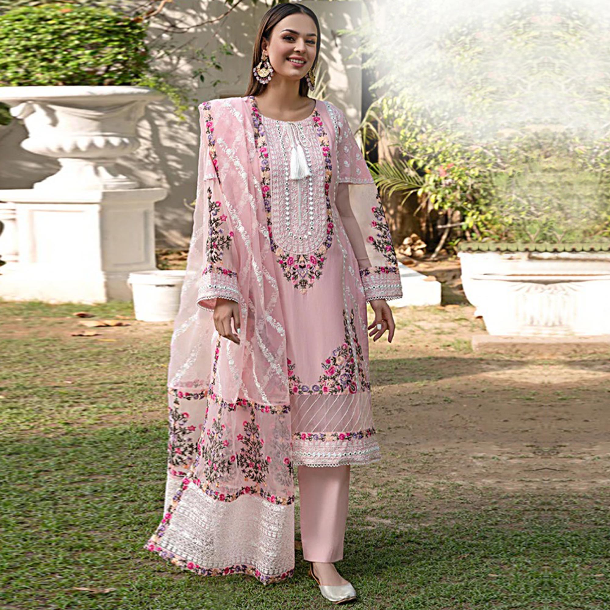 Pink Floral Embroidered Georgette Palazzo Suit