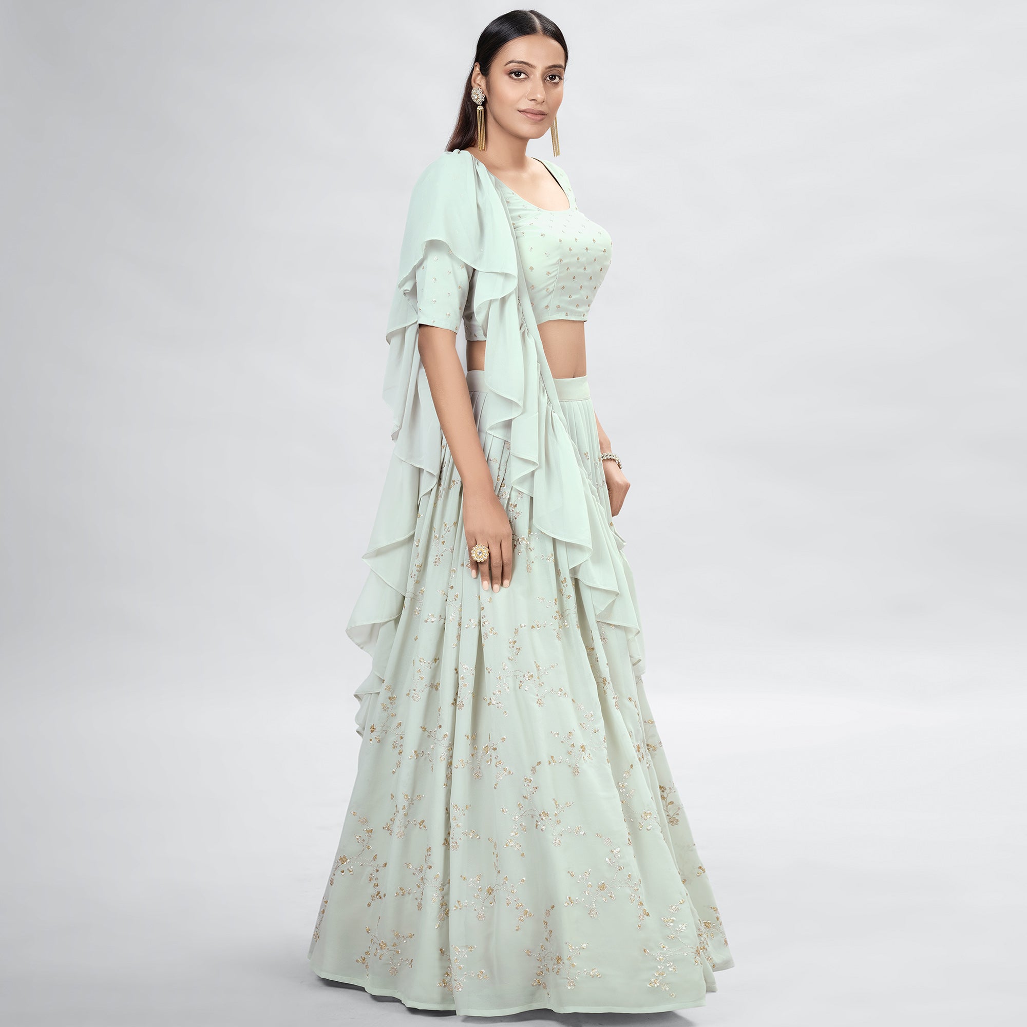 Pista Green Embroidered Georgette Lehenga Choli