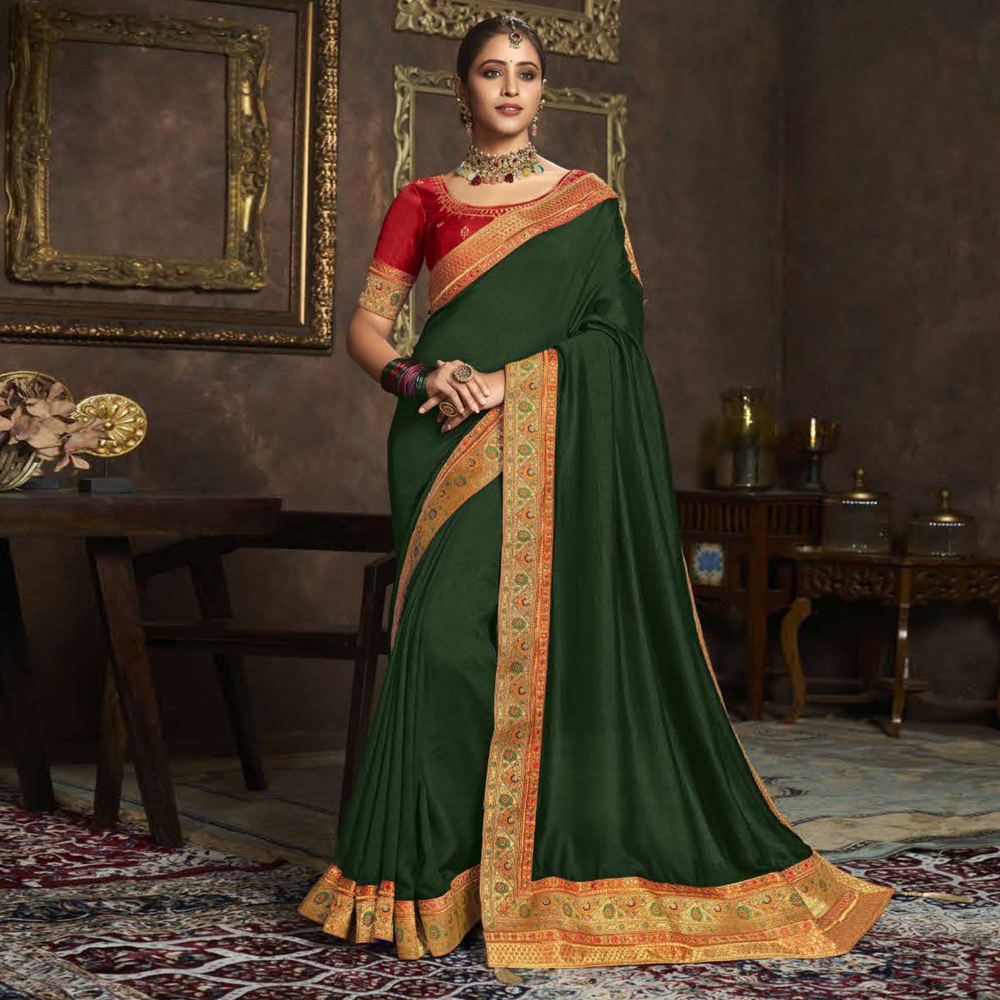 Green Solid With Woven Border Vichitra Silk Saree