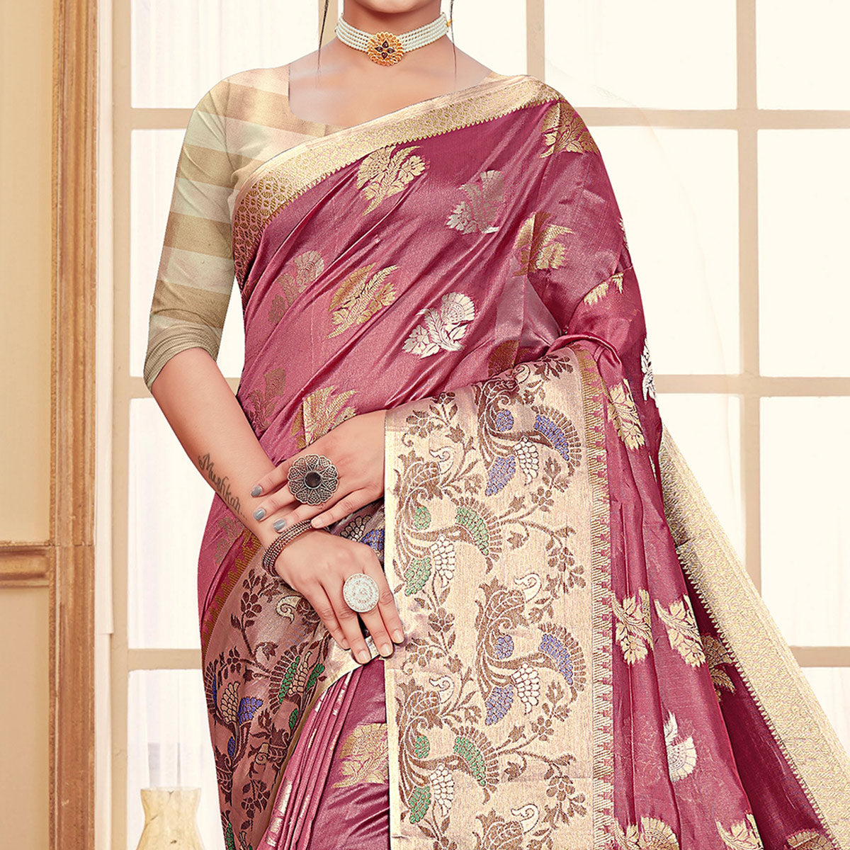 Dusty Pink Floral Woven Organza Saree With Tassels