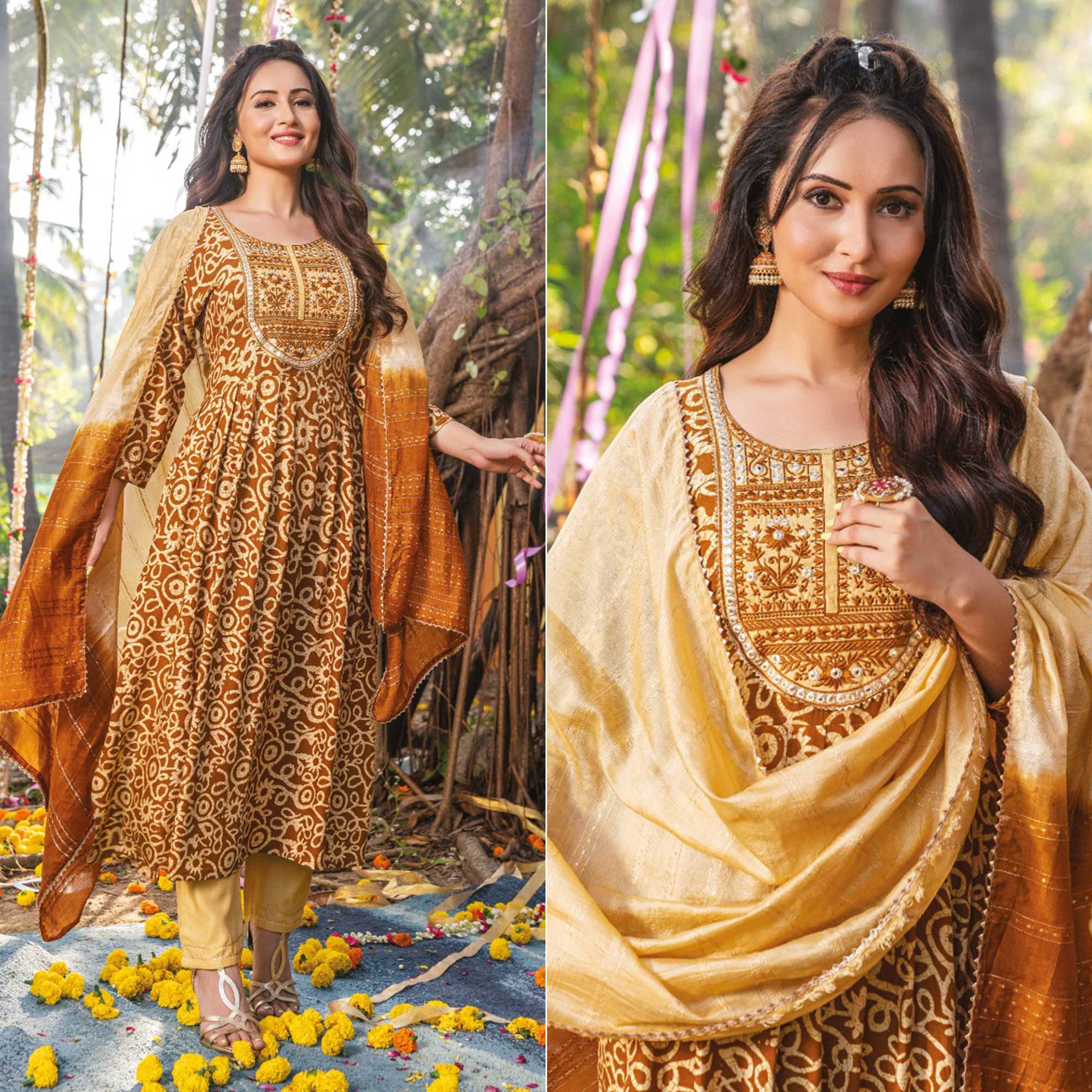 Brown Printed Rayon Naira Cut Suit - Main Image