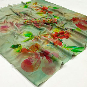 Green Floral Digital Printed Georgette Saree