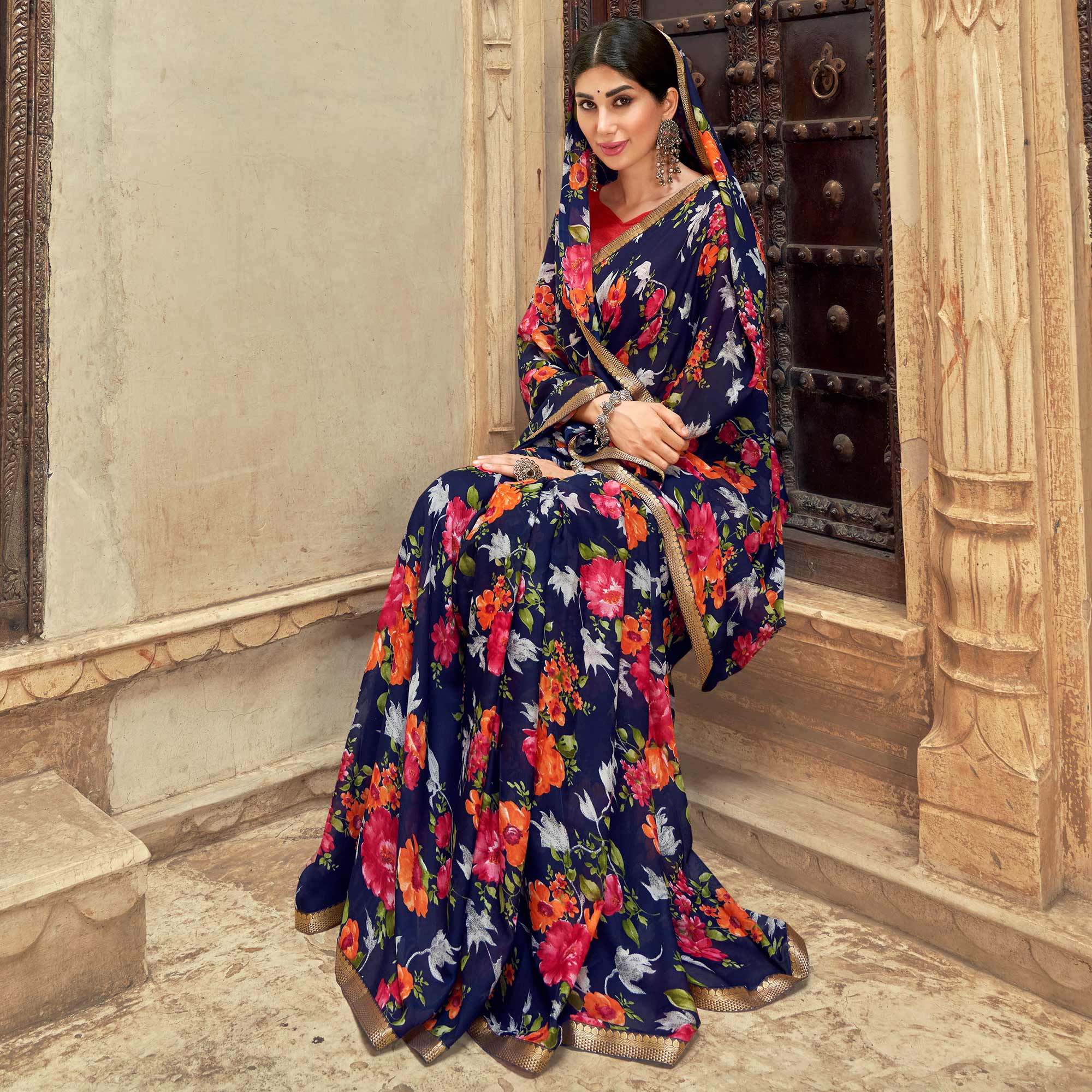 Navy Blue Floral Printed Chiffon Saree