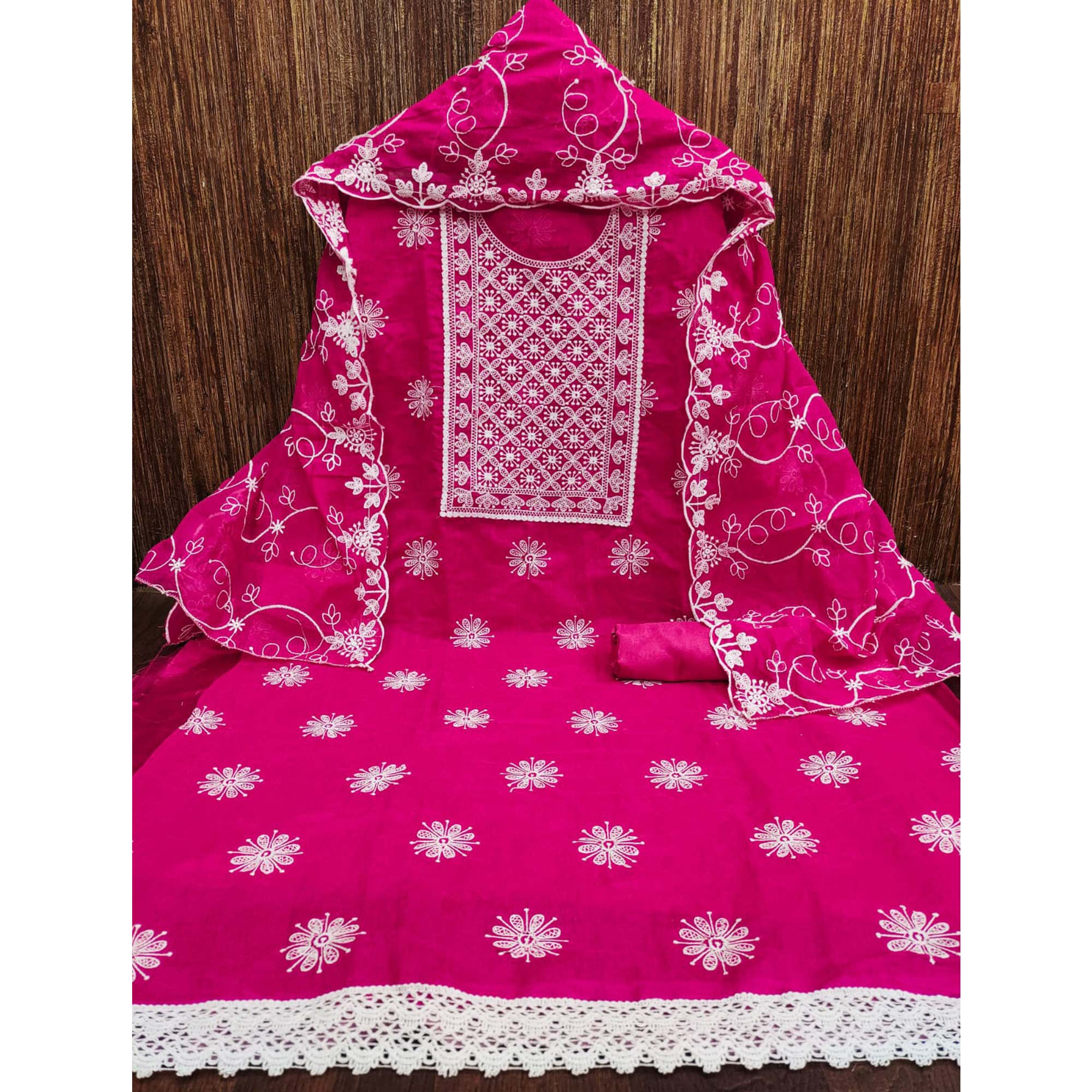 Rani Pink Floral Embroidered Chanderi Dress Material