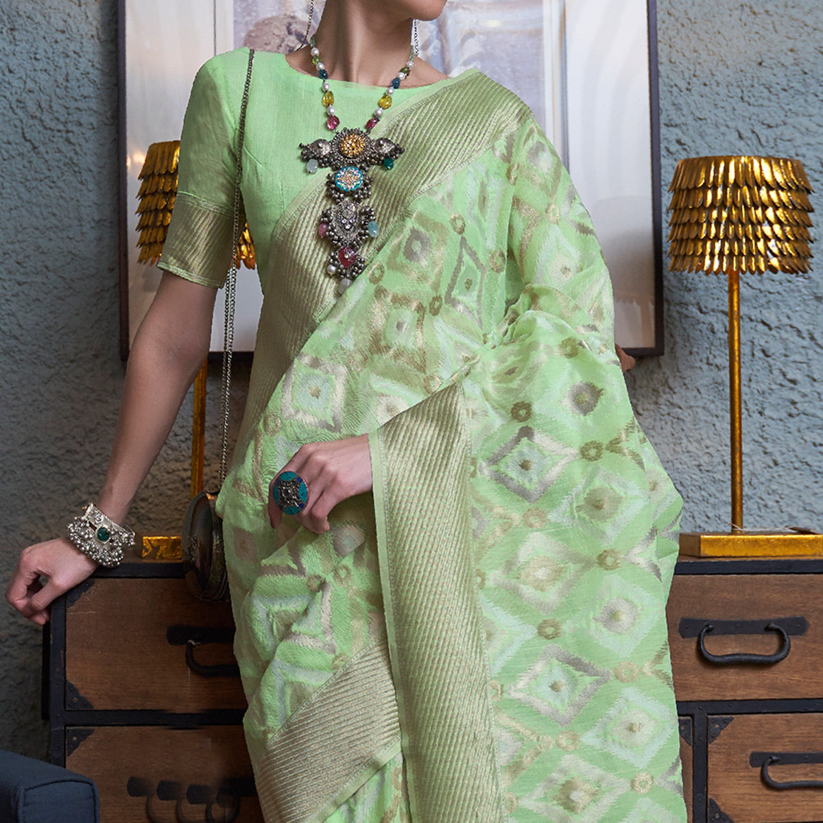 Mint Green Woven Art Silk Saree