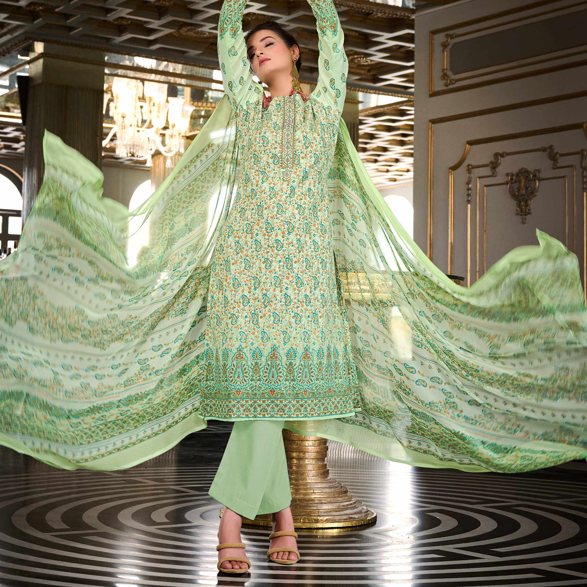 Green Printed With Embroidered Pure Cotton Salwar Suit