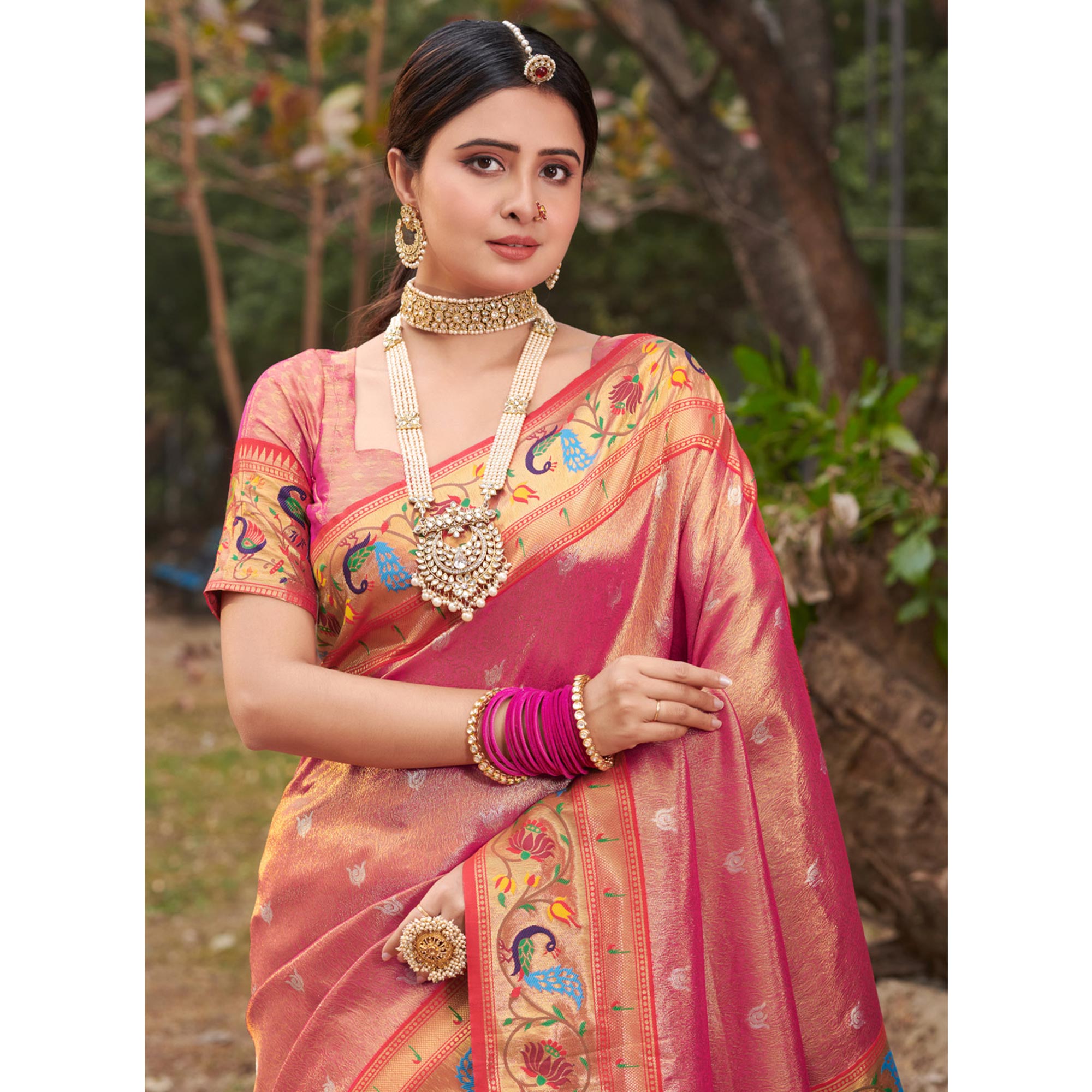 Pink Woven Art Silk Paithani Saree With Tassels