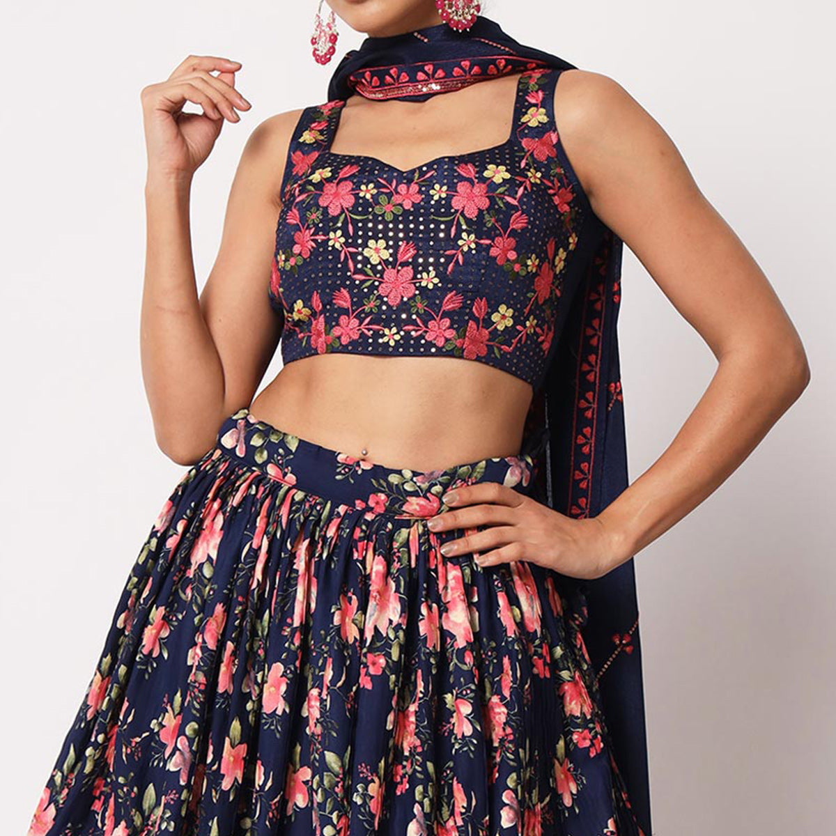 Navy Blue Floral Printed Art Silk Lehenga Choli