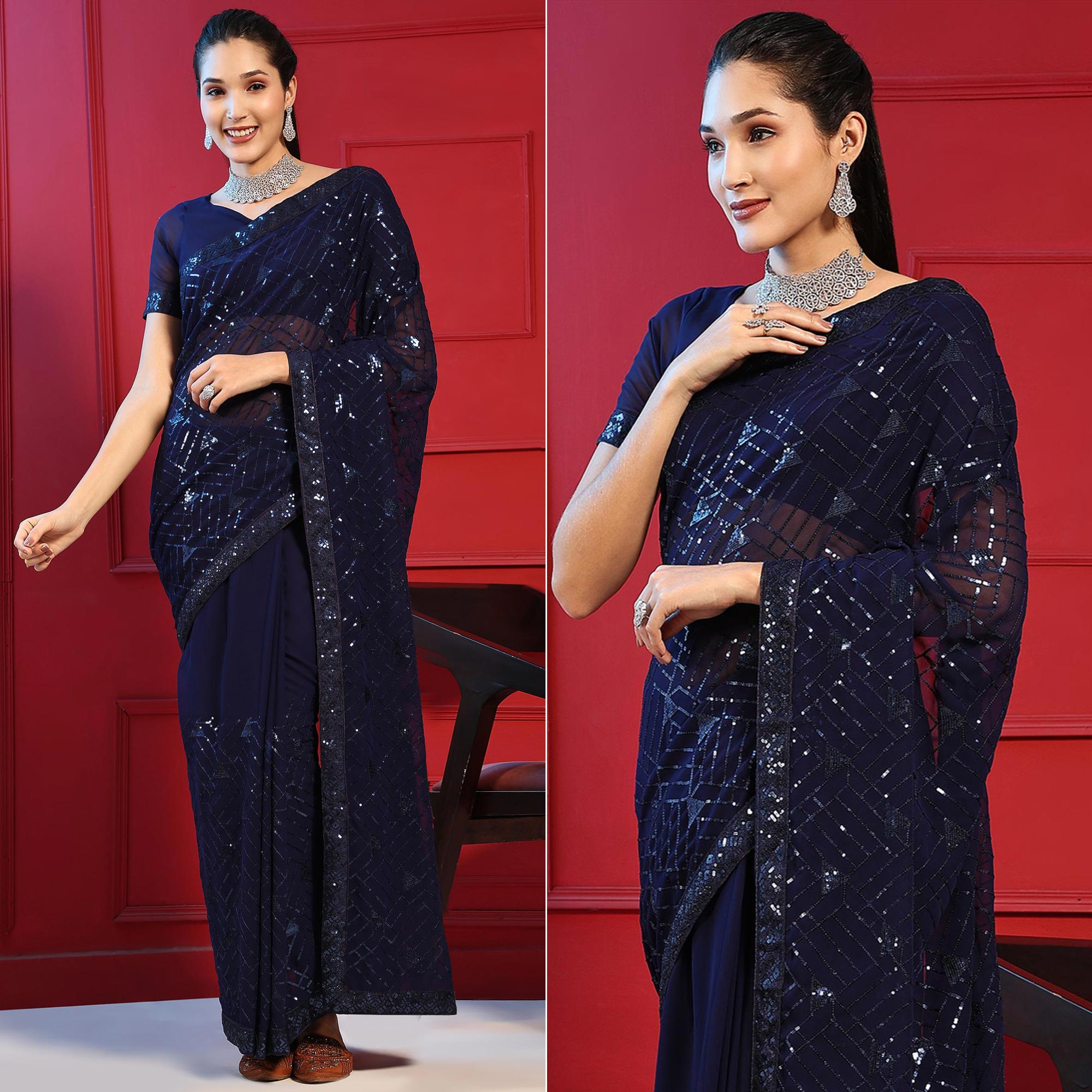 Blue Sequins Embroidered Georgette Saree