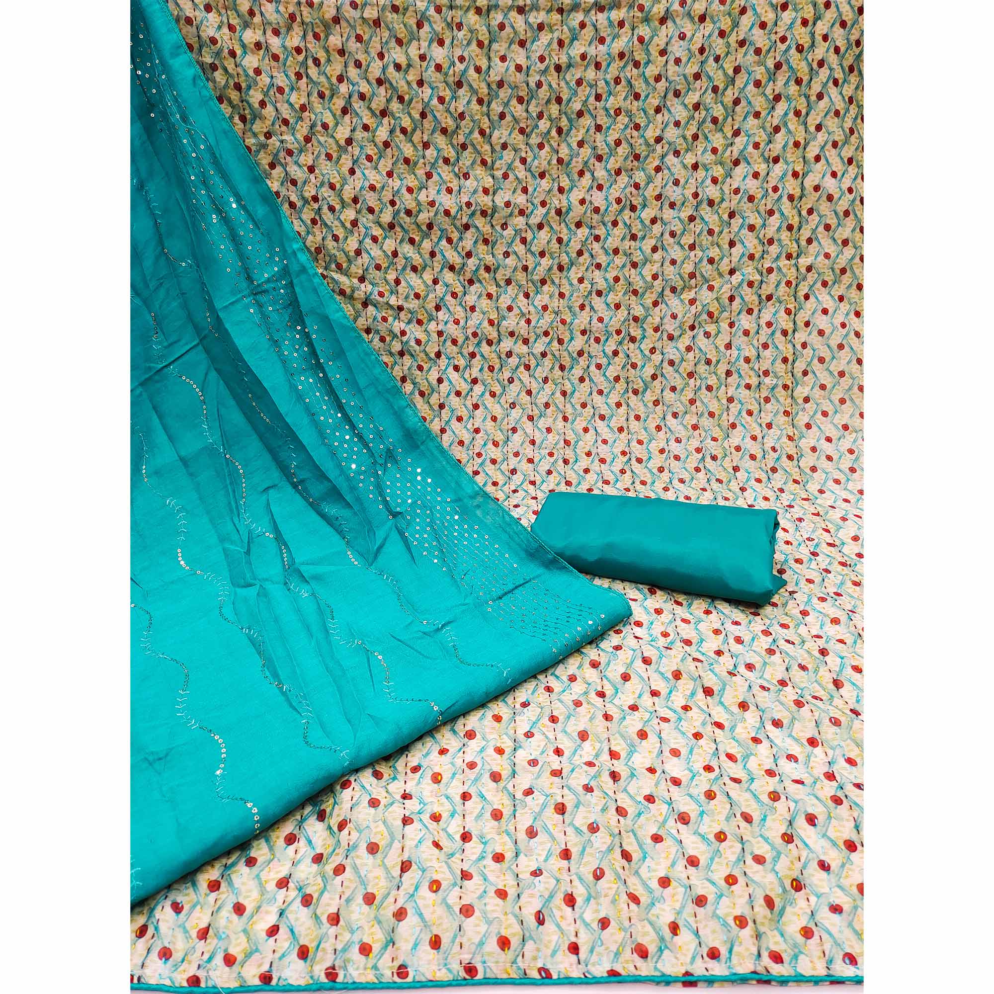 Cream & Blue Digital Printed With Embroidered Chanderi Dress Material