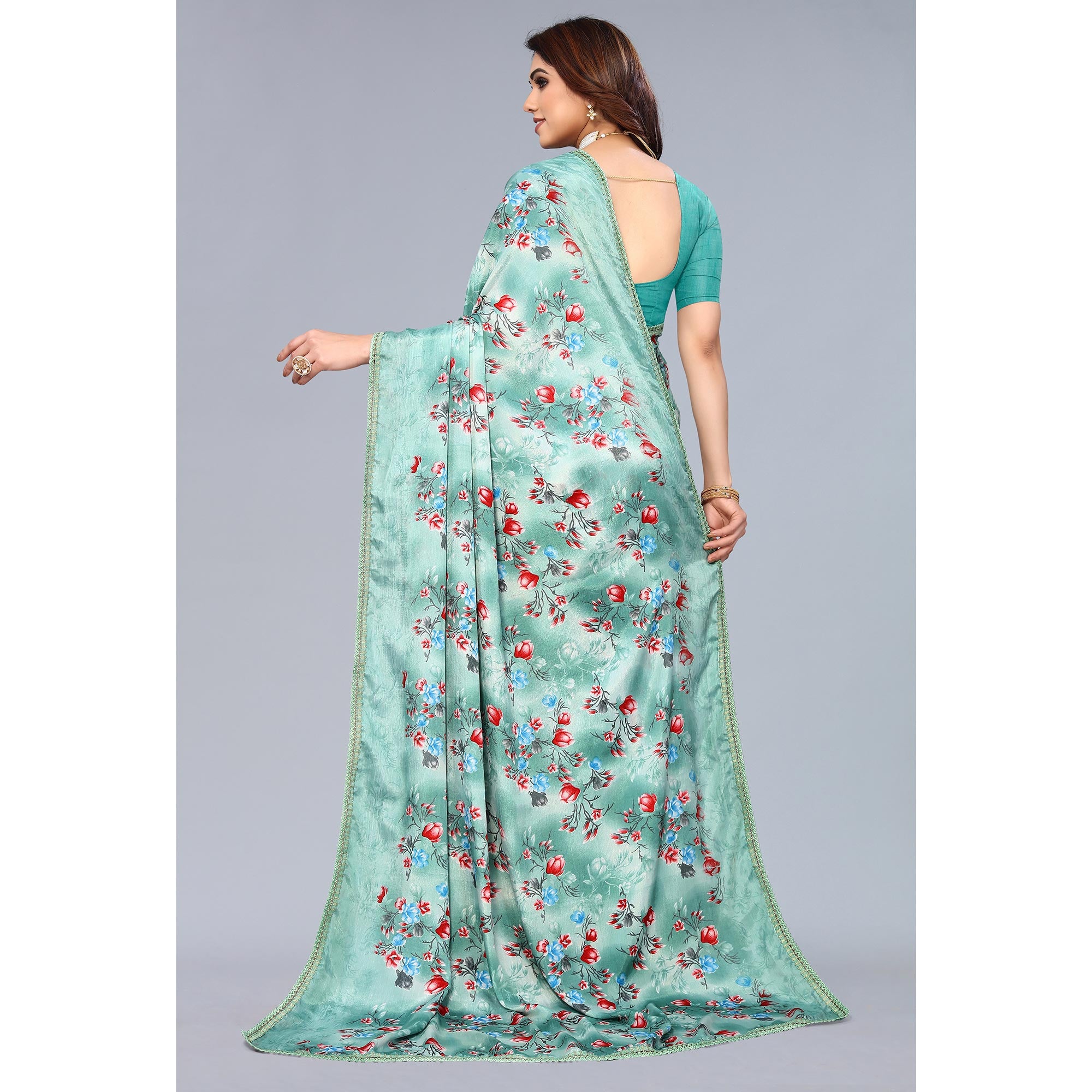 Sea Green Floral Printed Art Silk Saree With Crochet Border