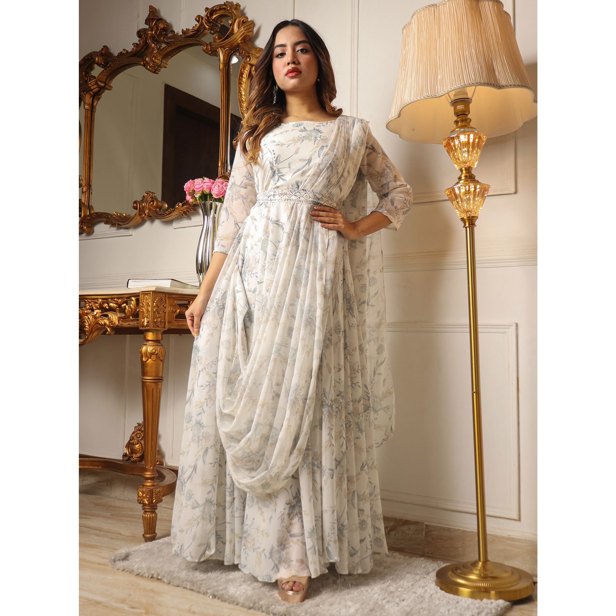 Off White Floral Printed With Stone Work Georgette Gown