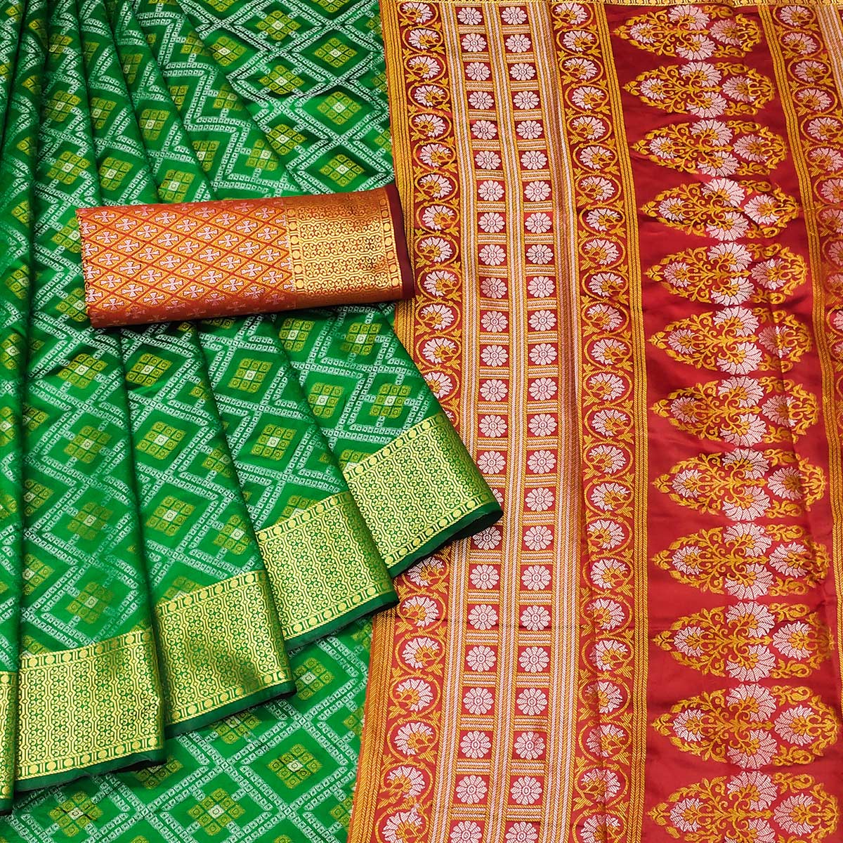 Green Bandhani Woven Banarasi Silk Saree