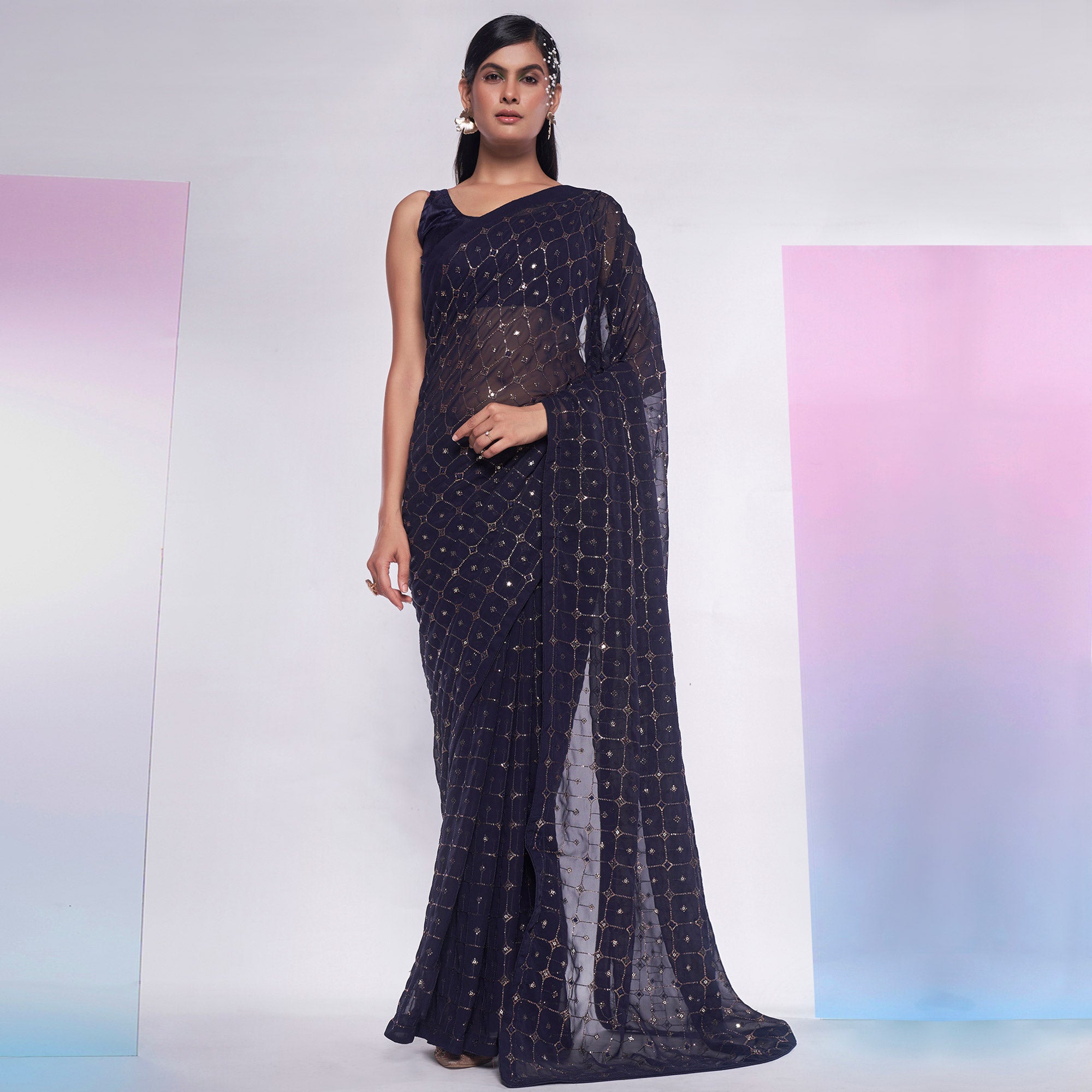 Navy Blue Sequins Embroidered Georgette Saree