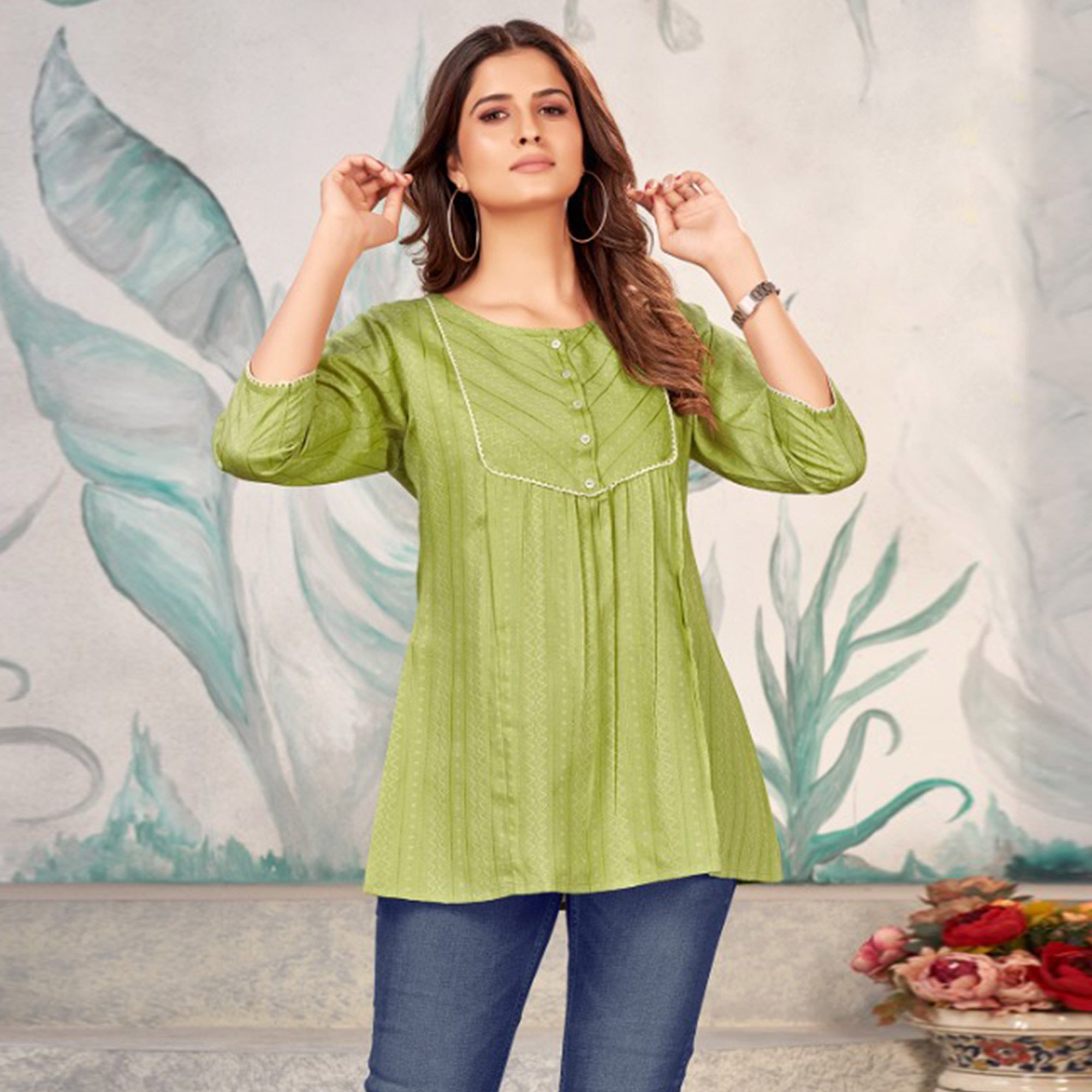 Green Embroidered Cotton Silk Top