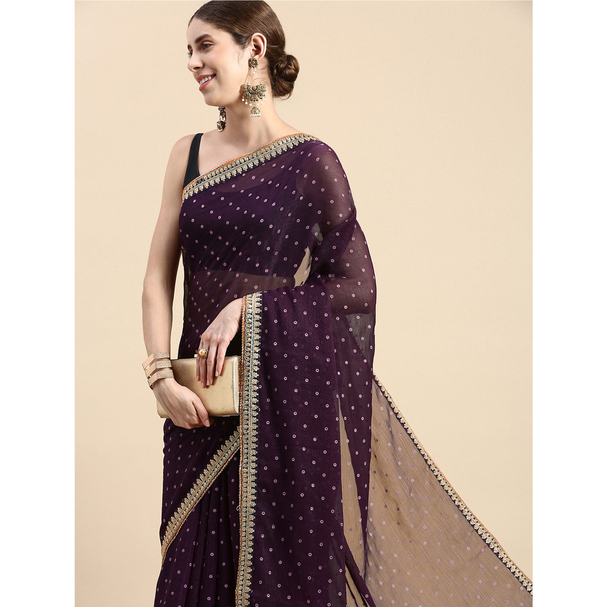 Purple Foil Printed With Embroidered Border Chiffon Saree