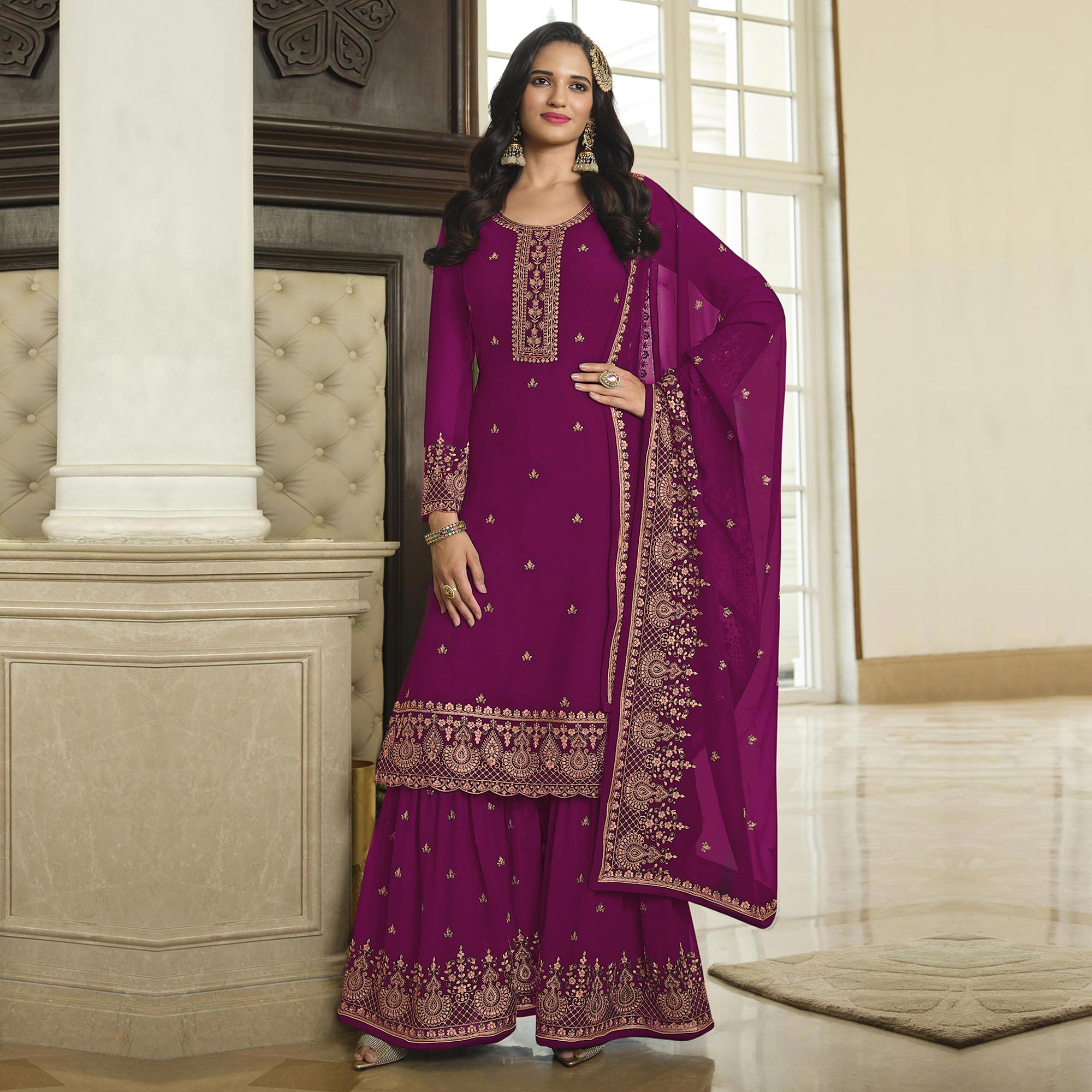 Purple Floral Embroidered Georgette Sharara Suit