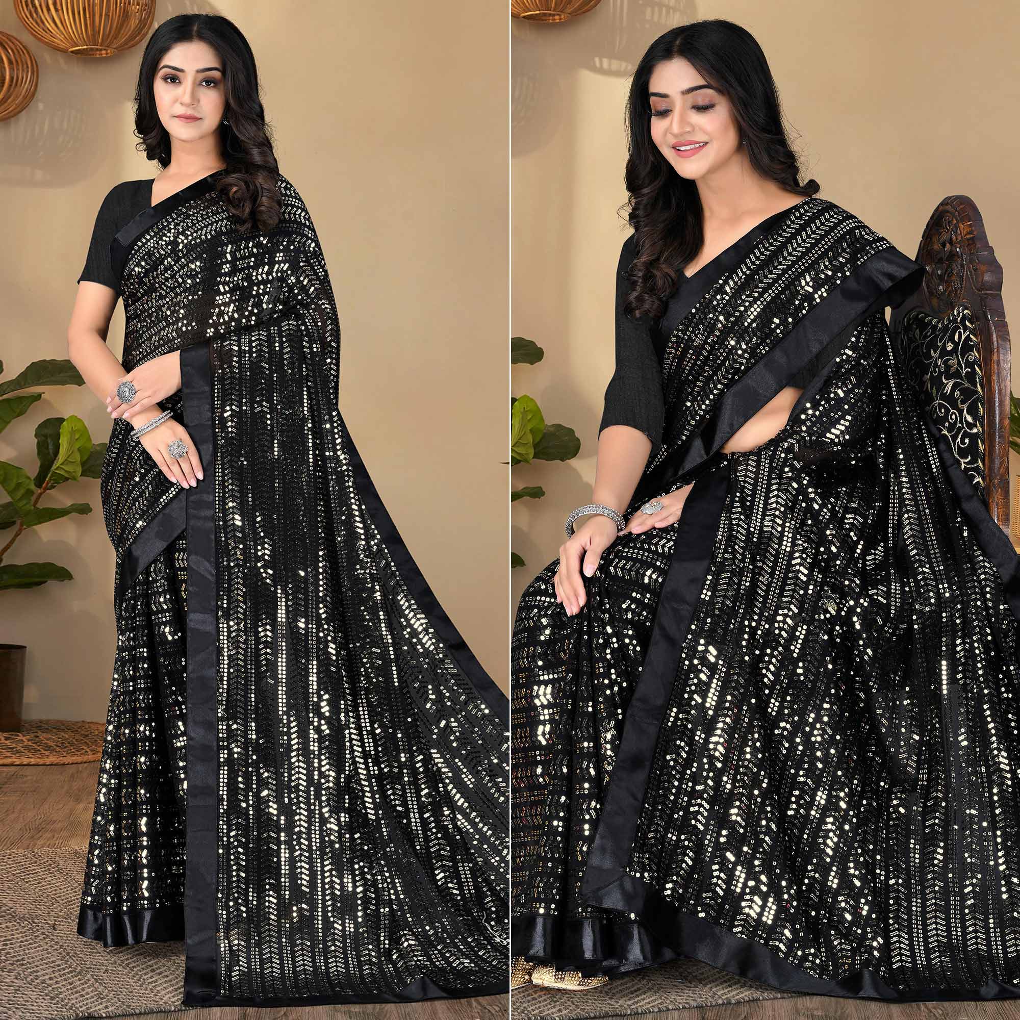 Black Sequins Embroidered Georgette Saree