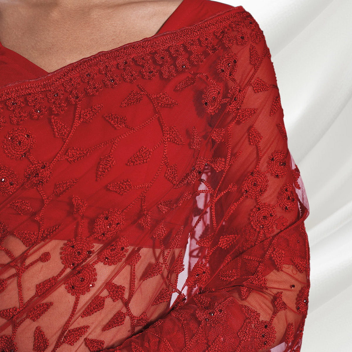 Red Floral Embroidered Soft Net Saree