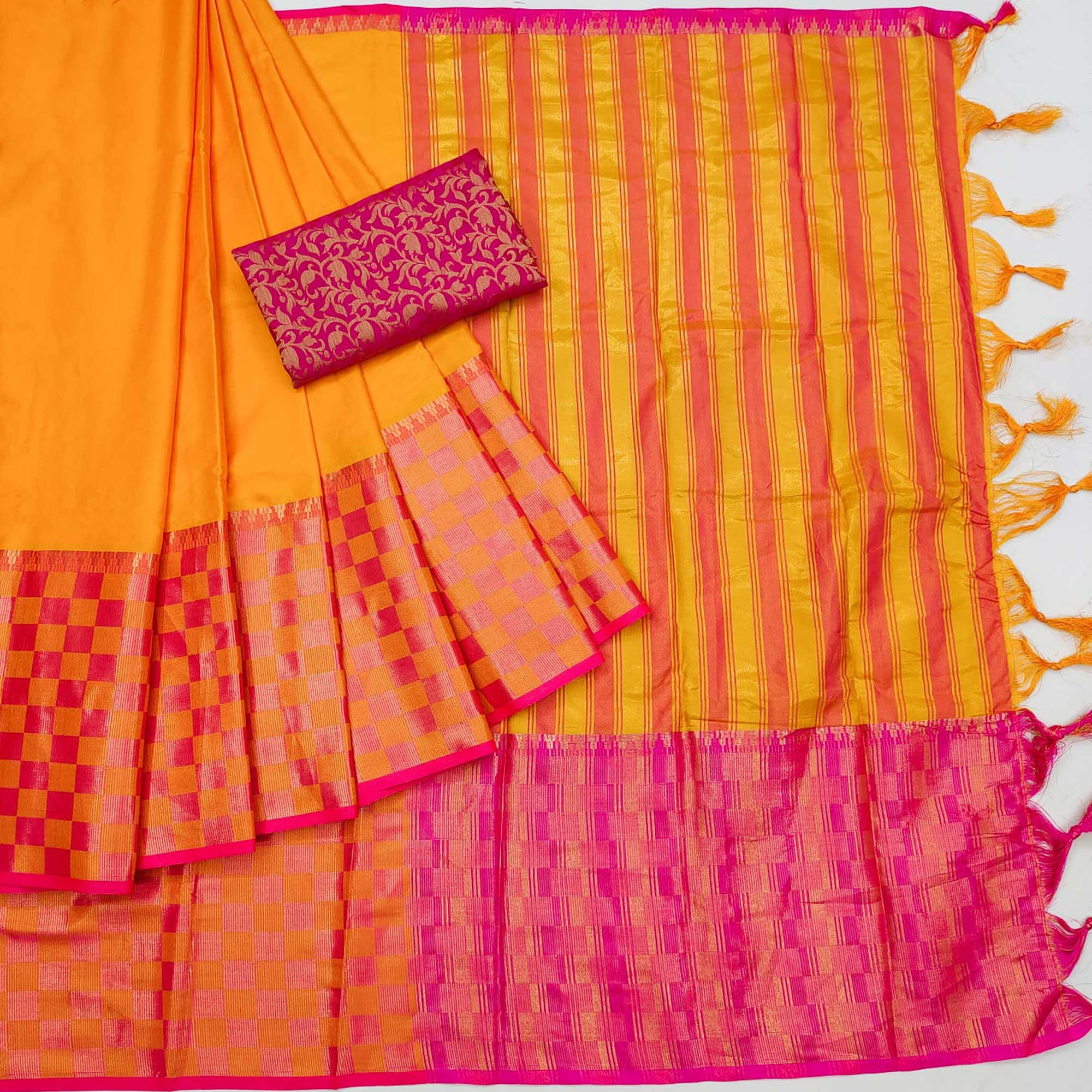 Orange Woven Cotton Silk Saree With Tassels