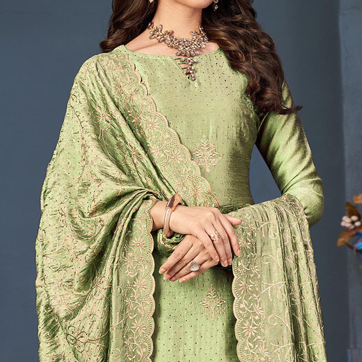 Pista Green Sequins Embroidered Vichitra Silk Suit