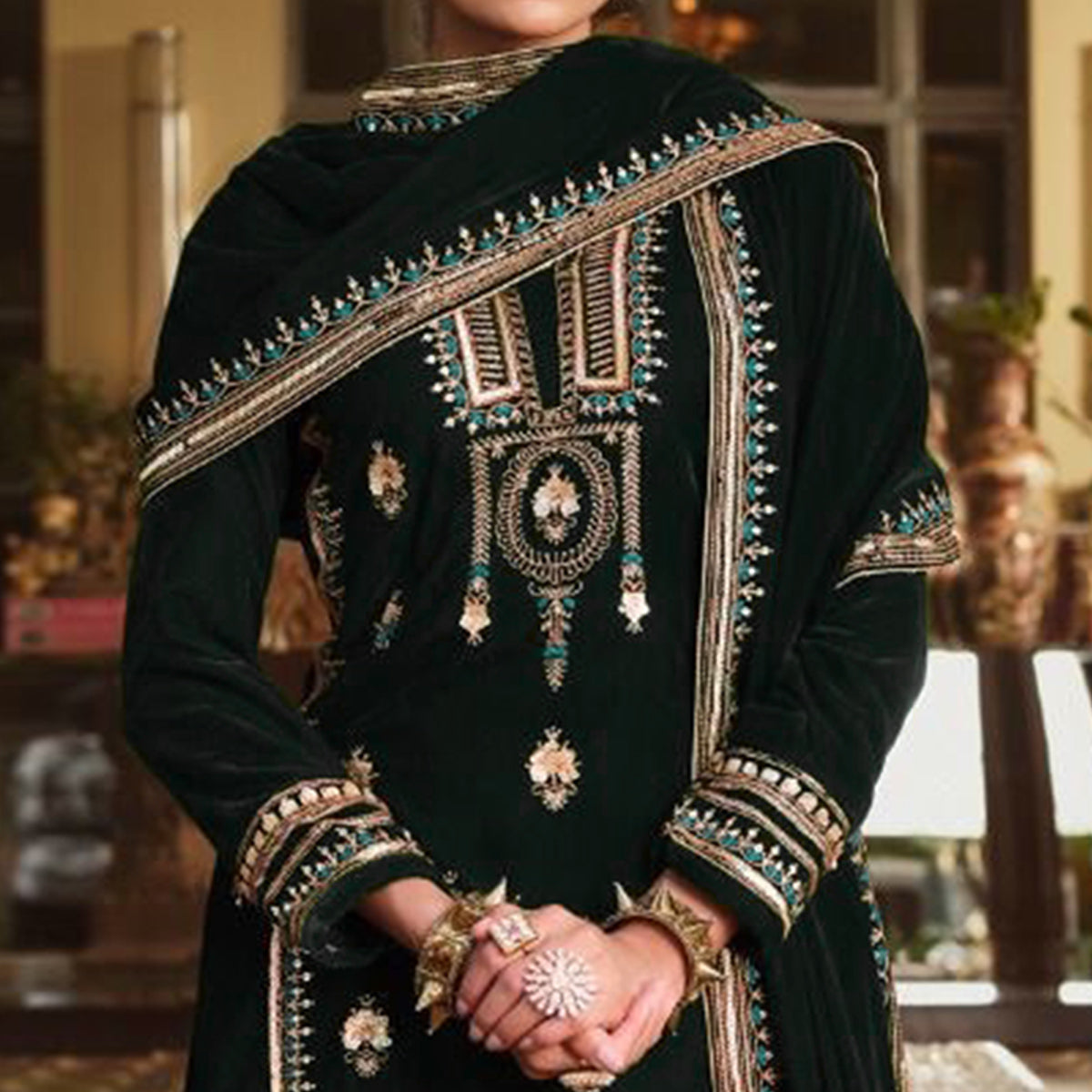 Green Embroidered Velvet Pakistani Suit