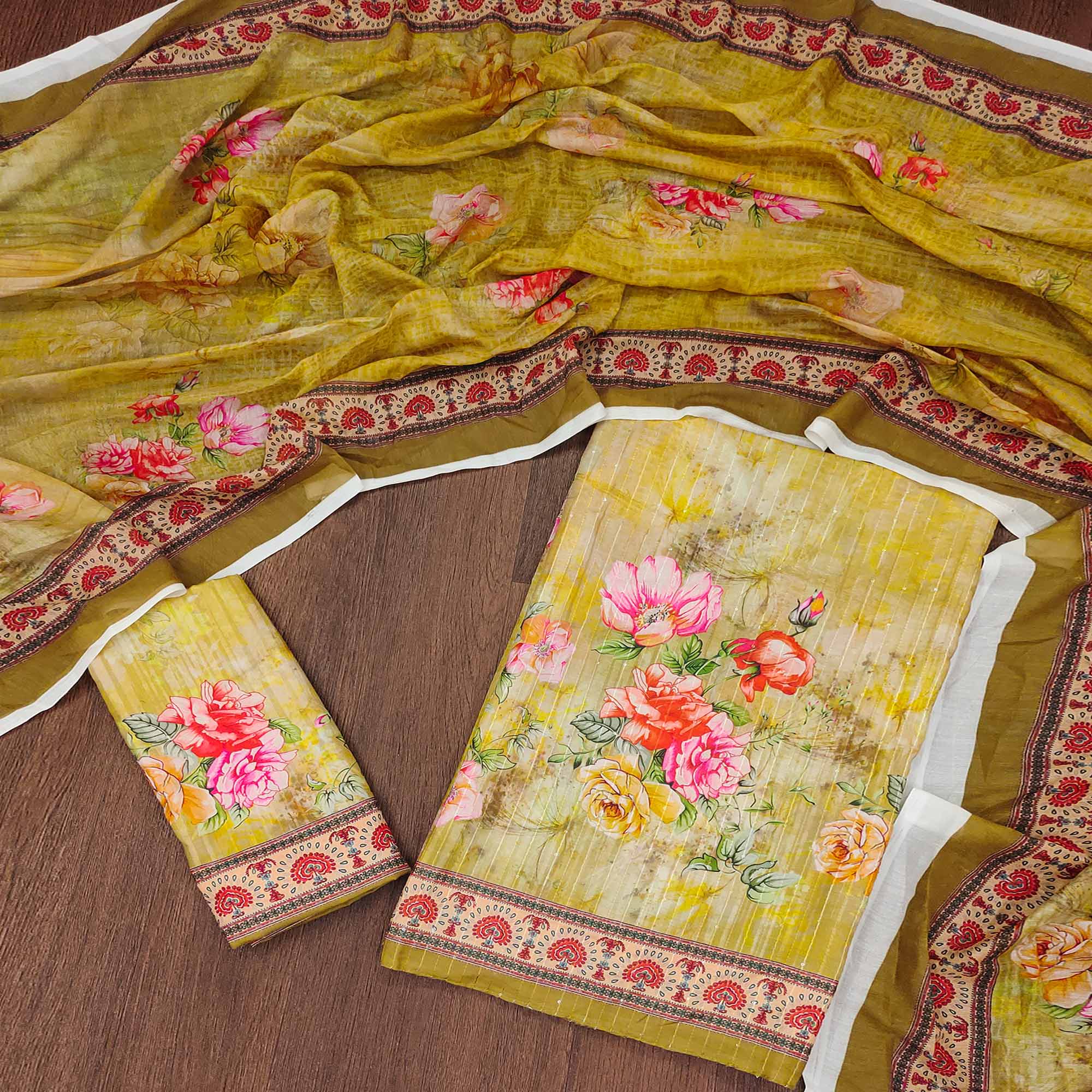 Red Floral Digital Printed Muslin Dress Material