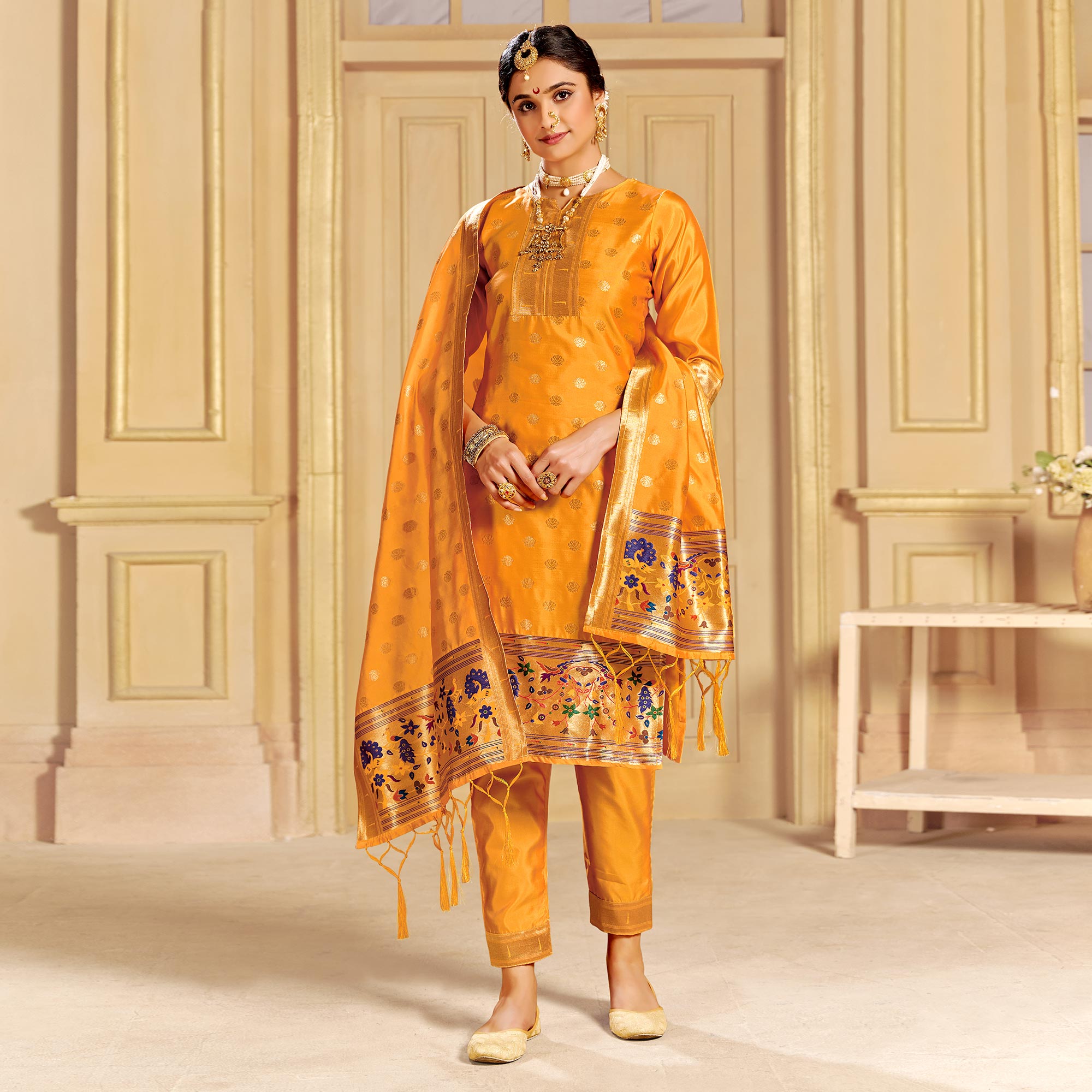 Yellow Floral Woven Tapetta Silk Salwar Suit